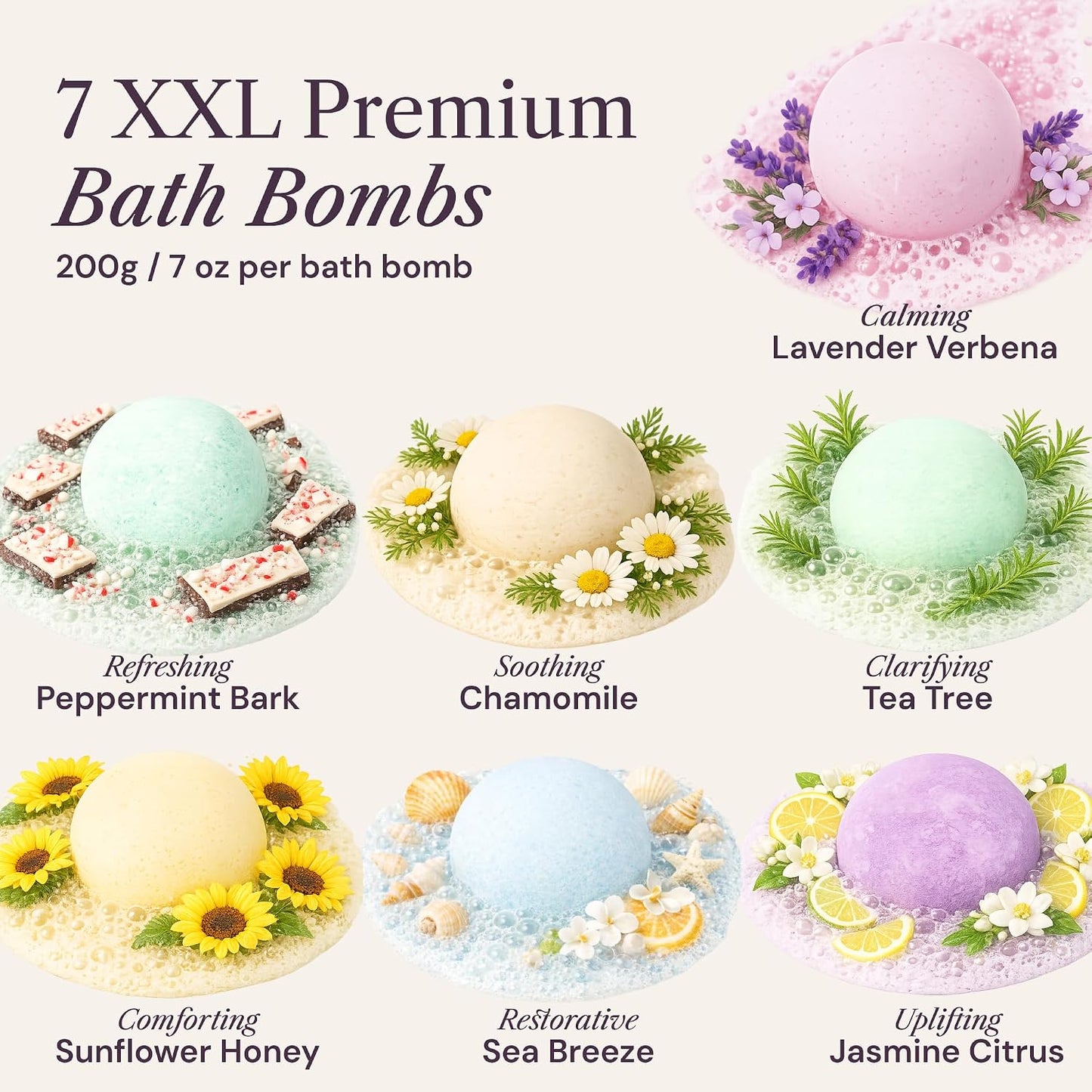 ADELEGOURDAIN Bath Bombs Set 7 pcs - Gift Set for Women, 200g Extra Large Oversized, Mineral Bath Bombs for Sensitive Skin, Gift Set Box for Her Birthday