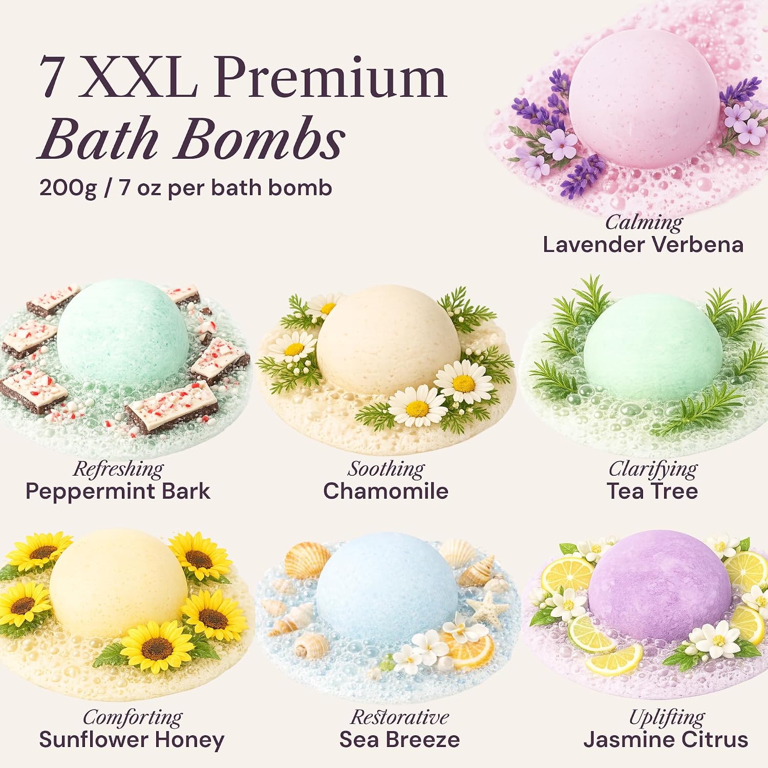 ADELEGOURDAIN Bath Bombs Set 7 pcs - Gift Set for Women, 200g Extra Large Oversized, Mineral Bath Bombs for Sensitive Skin, Gift Set Box for Her Birthday