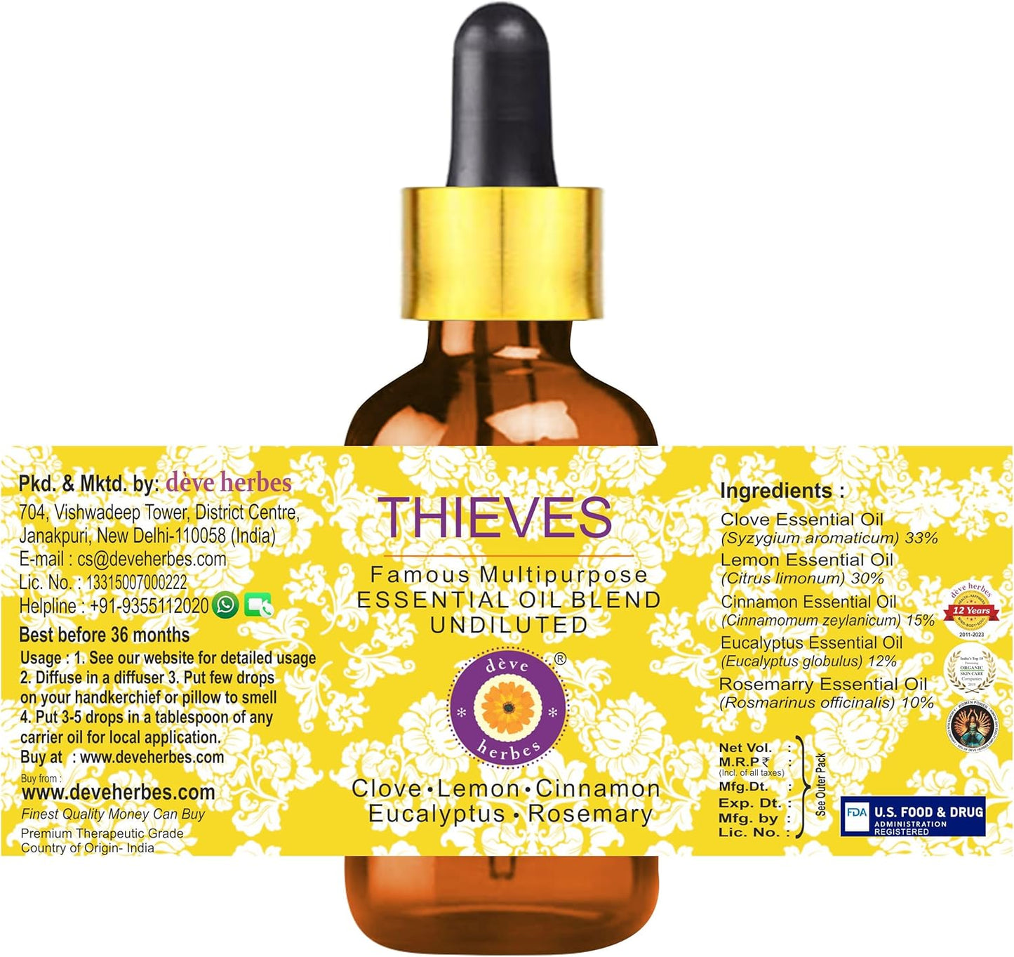 Deve Herbes Thieves Multipurpose Undiluted Essential Oil Blend with Glass Dropper 30ml (1 oz)