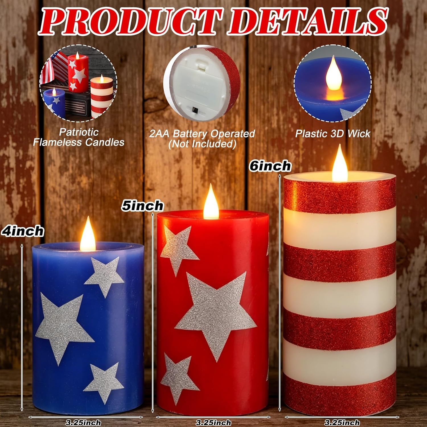 Set of 3 Patriotic Flameless Candles, Red White and Blue Battery Operated Pillar Candles, Patriotic Candles for 4th of July Independence Day Home Decor