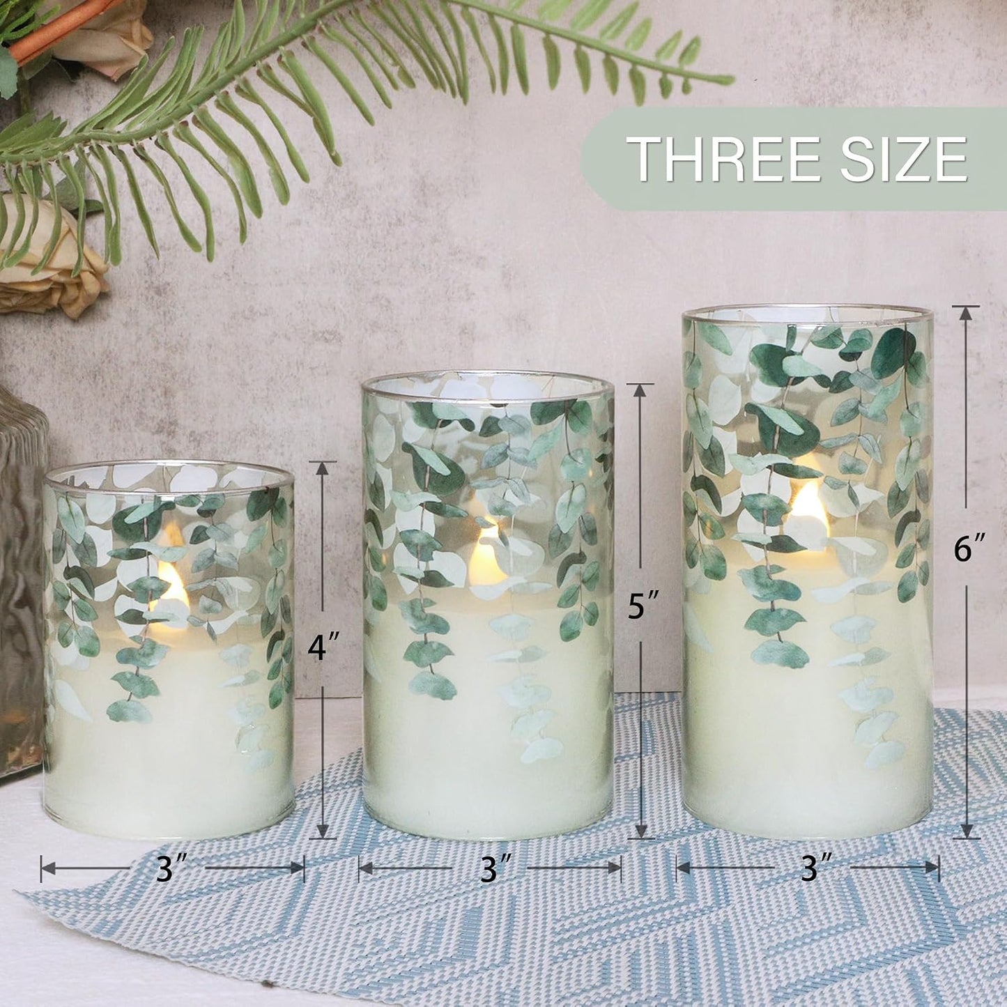 Green Glass Flameless Candles Remote Timer Eucalyptus Leaves Greenery Design Battery Operated Flicker Pillar Candle for Wedding Centerpiece Spring Easter Farmhouse Home Decoration, Set of 3