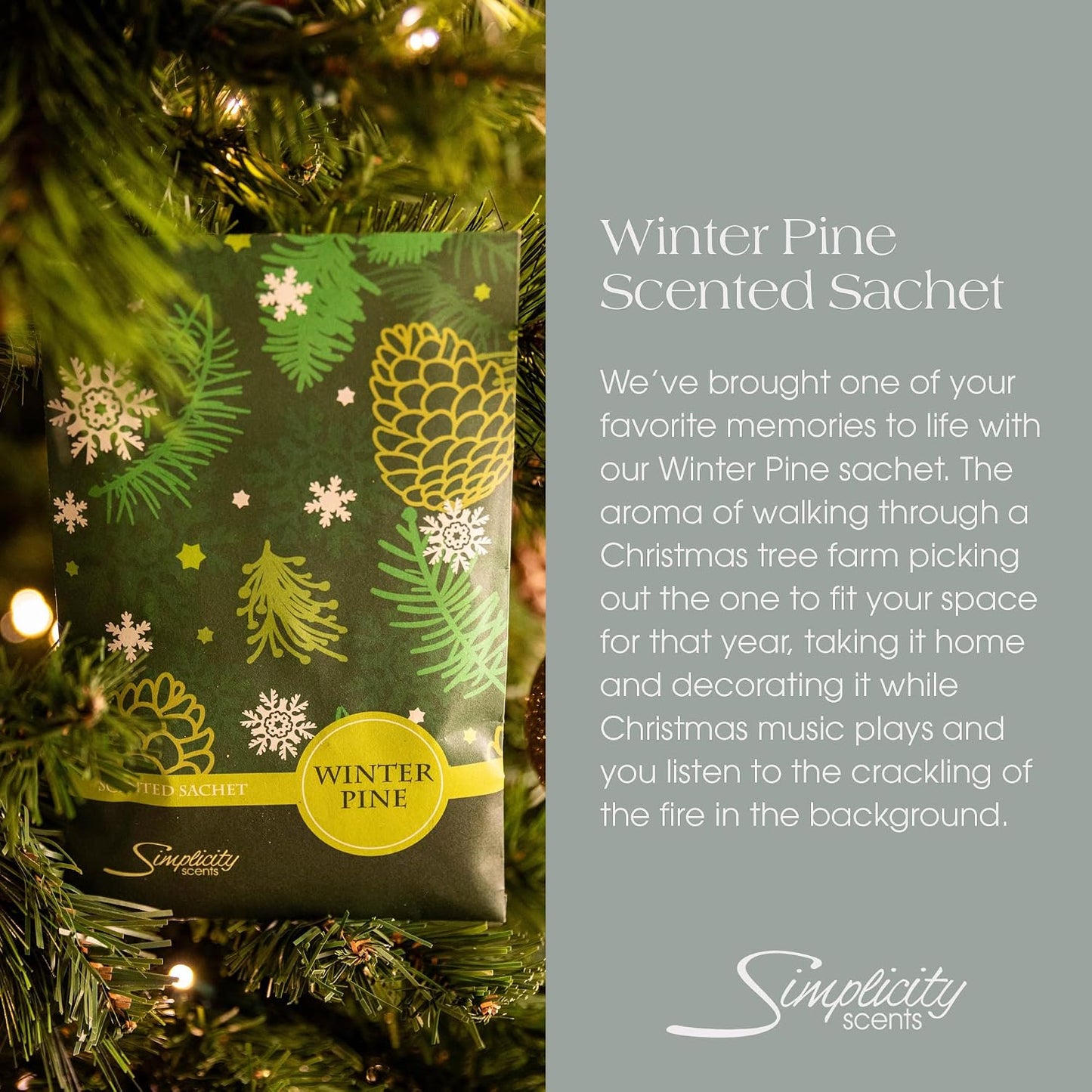 Simplicity Scents Winter Pine Scented Sachets Pack of 6, Fall & Winter - Long-Lasting Scented Bags, Home Fragrance, Air Freshener & Deodorizer for Closet, Room, Drawer, or Cars, Made in USA
