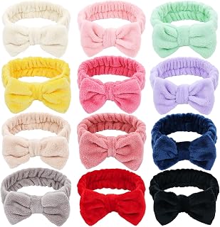 Dizila 12 Pack Solid Super Soft Stretchy Flannel Big Bow Headbands for Washing Face Makeup Shower Skin Care Spa Hair Bands Headwraps for Women Girls Teens