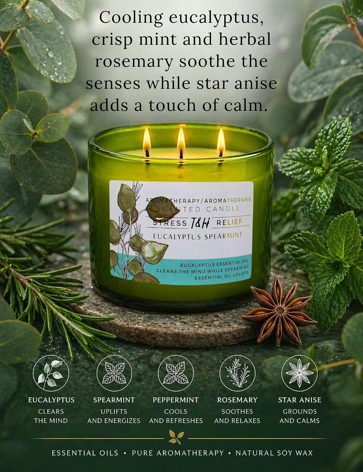Eucalyptus Spearmint Scented Candle | 15.8 oz Large 3 Wick Soy Candle | Soothing Aromatherapy Candle for Home | Fresh Mint Spa Scent | Long Lasting Clean Burn | Relaxation & Yoga Gift for Women & Men