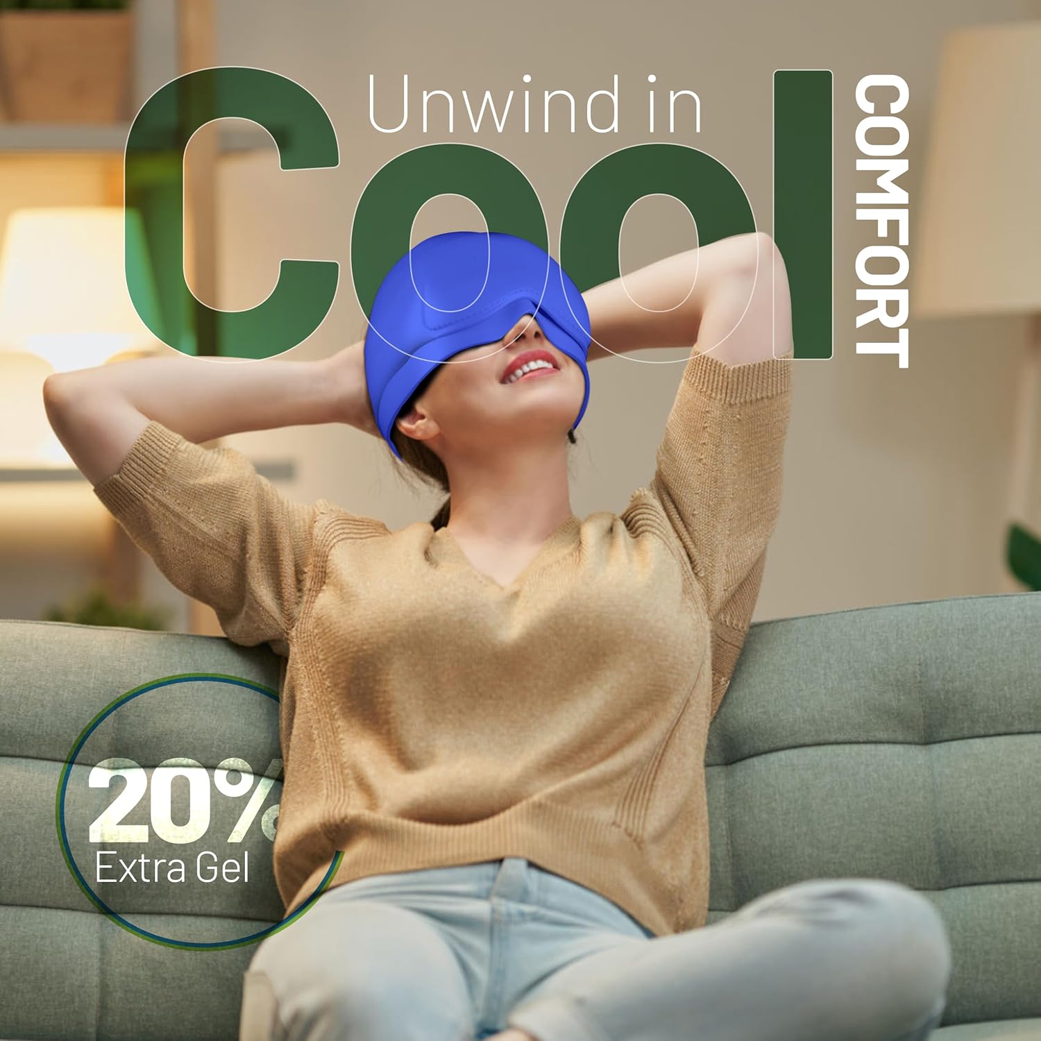 Headache Relief Cap - 2 in 1 Soothing Migraine Relief Cap with Detachable Eye Mask 20% Extra Gel - Headache Hat for Migraines - Cold Ice Head Wrap Products for Stress, Tension, Hangover & Puffy Eyes