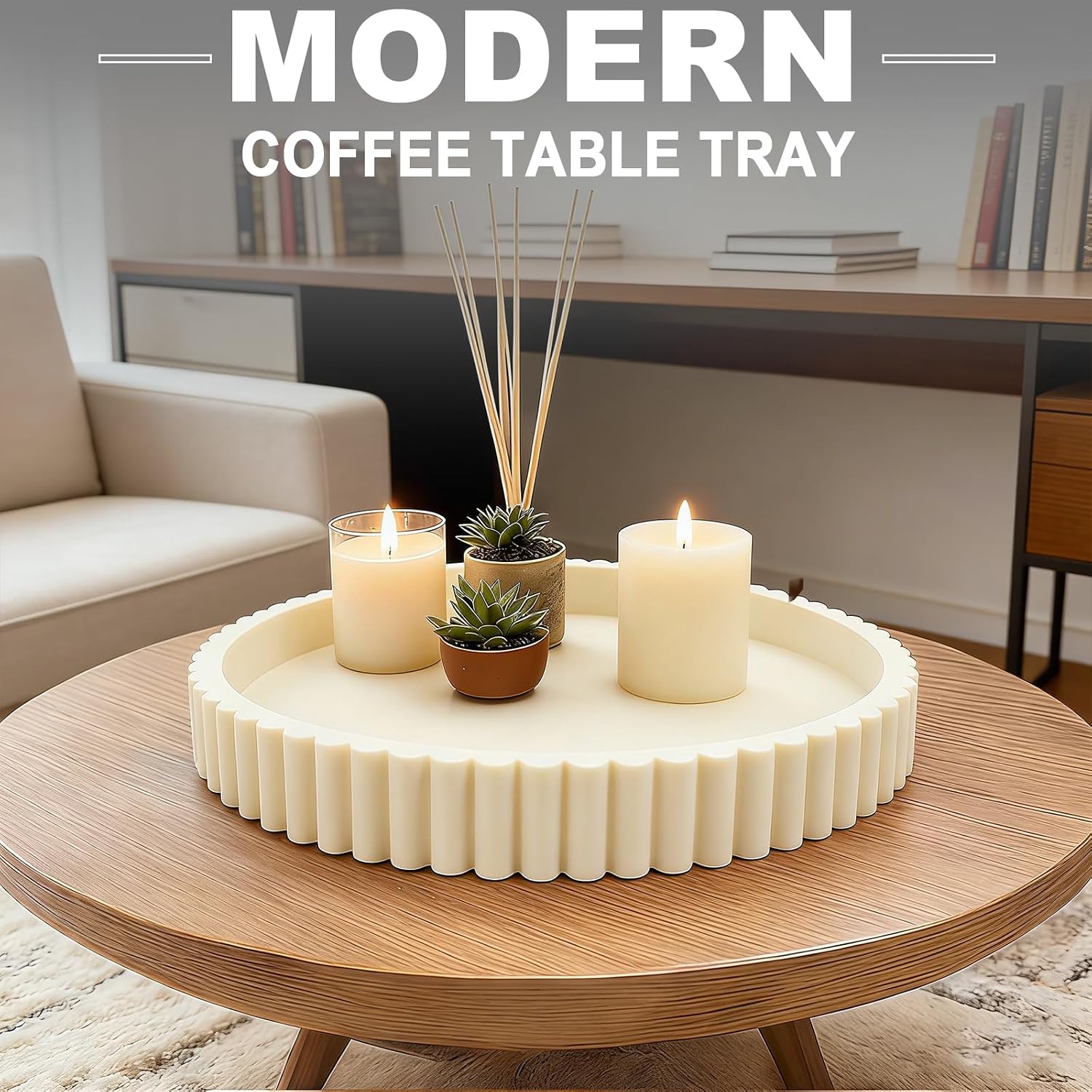 Round Decorative Tray for Coffee Table Decor - Resin Modern Table Centerpieces Decorative Trays for Kitchen, Dining, Living Room, Home Decor Housewarming Gift - Gray