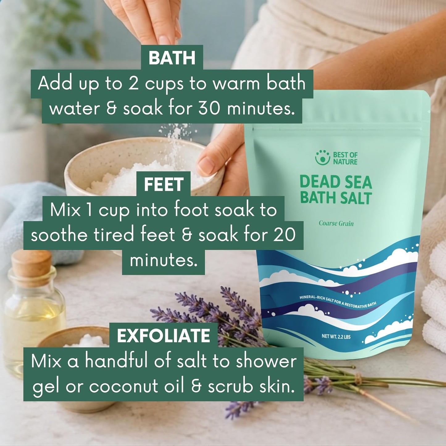 Best of Nature Dead Sea Salt 2.2 lb Coarse Grain Bath Soak Salt, Mineral-Rich Crystals, Resealable Bag, Made in the USA