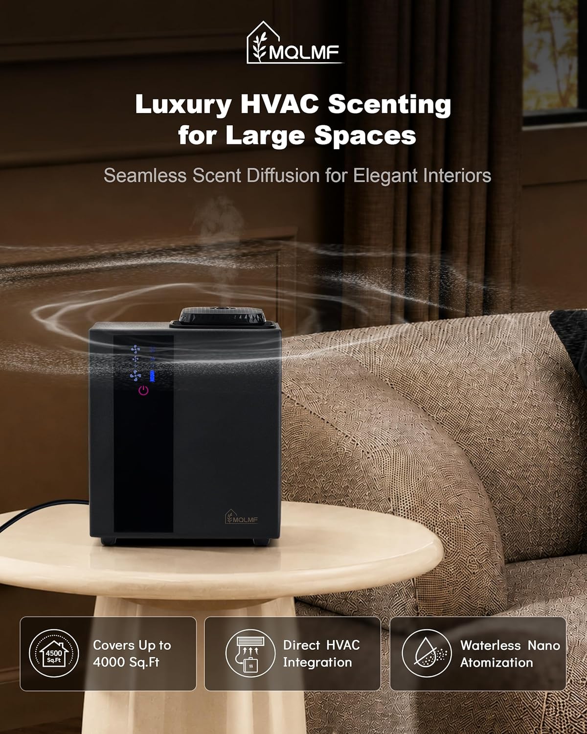 HVAC Diffuser Scent System Whole House - 4500 Sq Ft,Metal,Ultra Quiet,Safety Lock,Bluetooth App,Hotel Commercial Collection Diffuser Machine - Black,Includes 2 x 60ml Oils