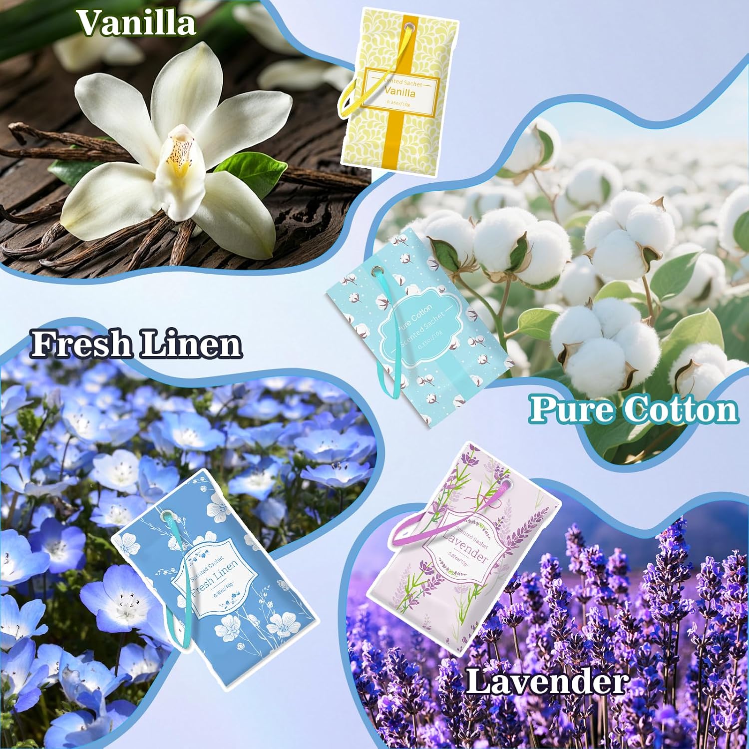 STRN Scented Sachets for Drawer and Closet, 4 Scents Linen, Lavender, Pure Cotton, Vanilla, 16 Packs Long-Lasting Sachets for Home Fragrance, Small Space Air Freshener for Wardrobes