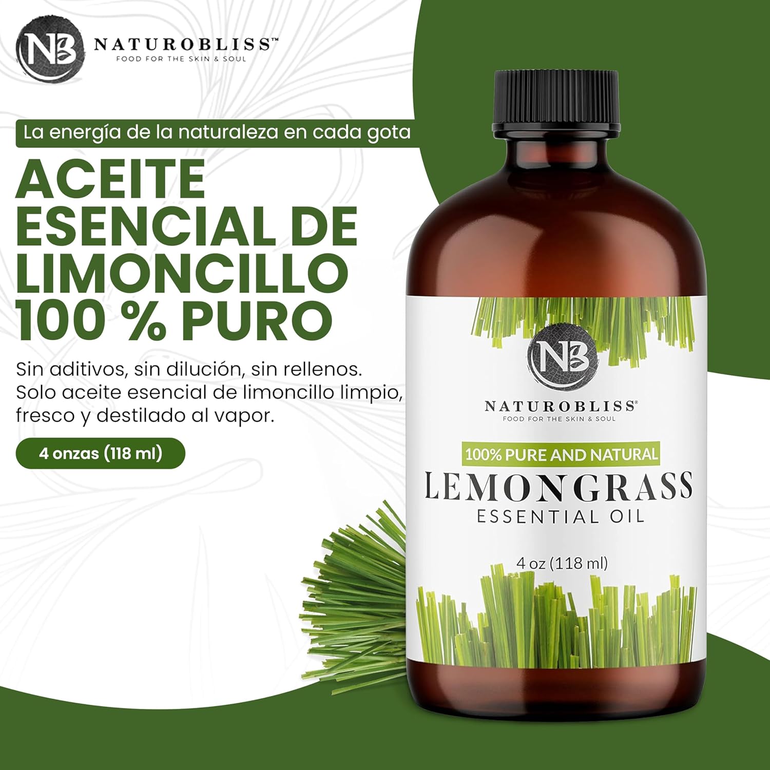 NaturoBliss 100% Pure Lemongrass Essential Oil Therapeutic Grade Premium Quality (4 fl. oz) with Glass Dropper, Perfect for Aromatherapy