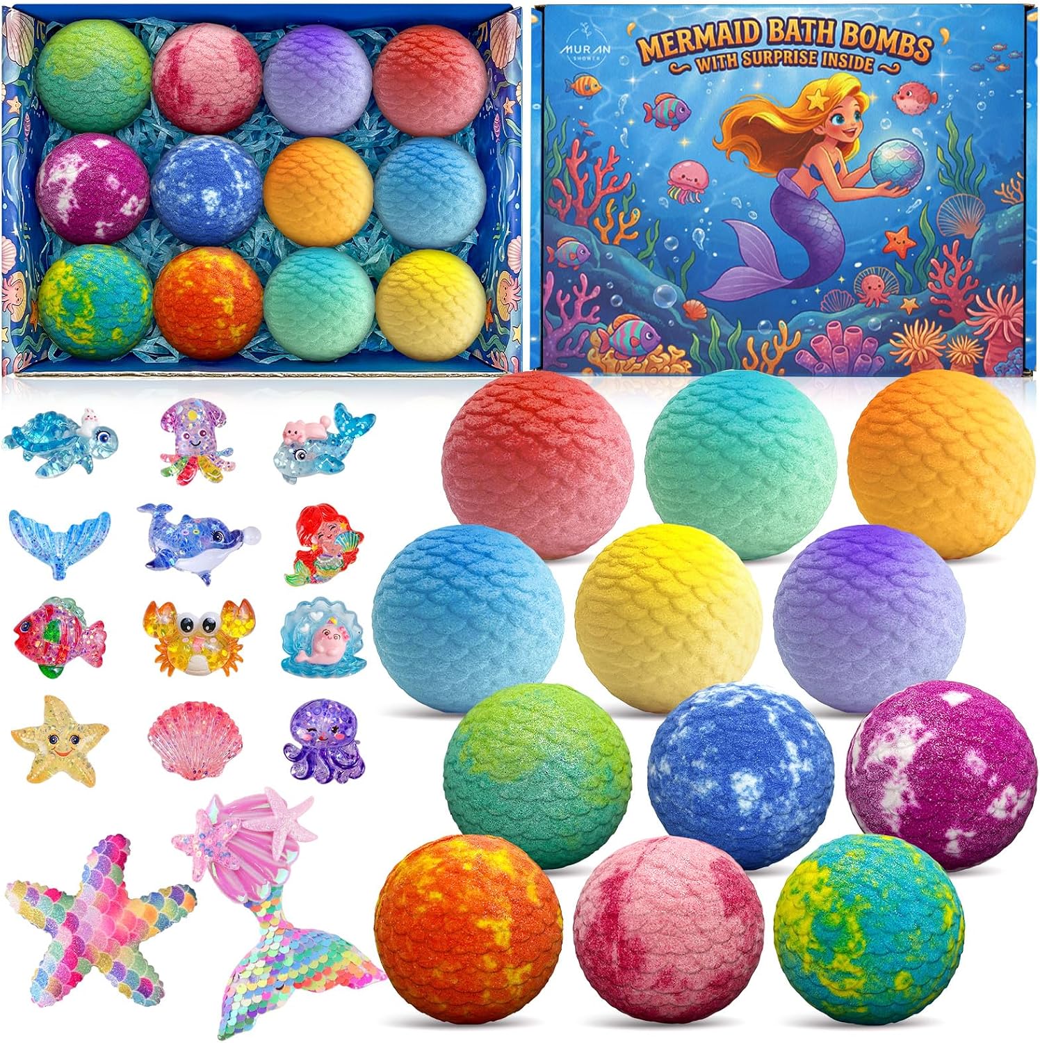 Mermaid Bath Bombs for Kids with Surprise Toys Inside, 12pcs Bubble Kids Bath Bombs with Mermaid Toys Gift Set for 3 4 5 6 7 8 Year Old Girls Birthday Christmas Gift Spa Bath Ball with Bath Toy Fun