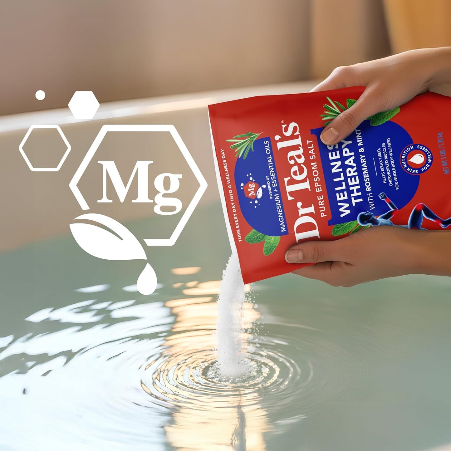 Dr Teal's Epsom Salt Magnesium Soak, Wellness Therapy with Rosemary & Mint, 3 lbs