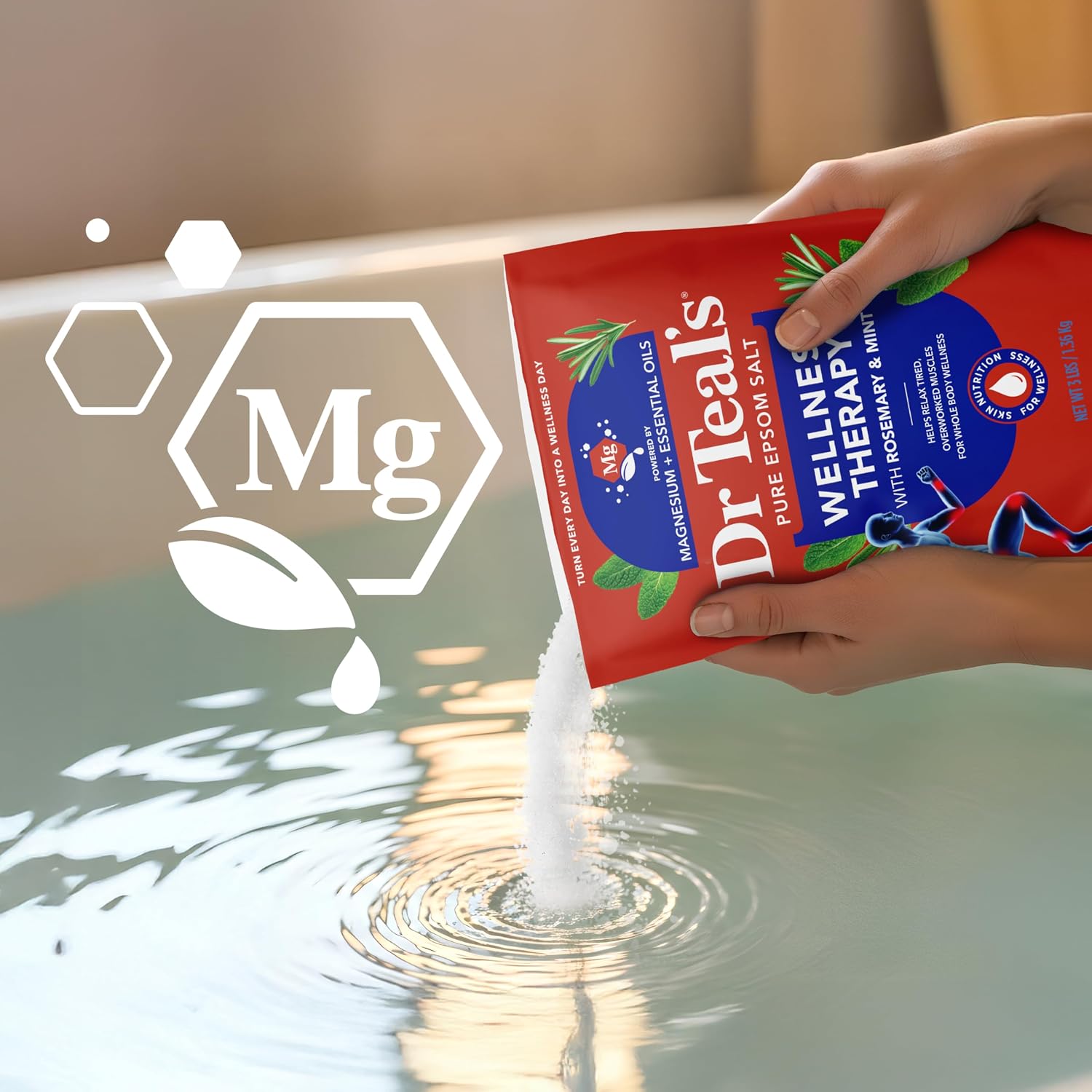 Dr Teal's Epsom Salt Magnesium Soak, Wellness Therapy with Rosemary & Mint, 3 lbs