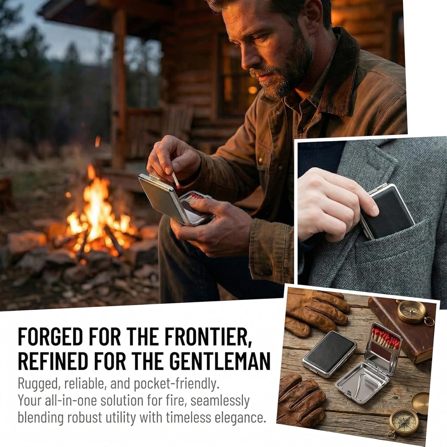 Stainless Steel Match Box Case with Friction Plate, Portable Waterproof Matchbox Storage Case, Reusable Pocket Matchstick Holder for Camping Hiking Fishing Travel Outdoor Activities- Black