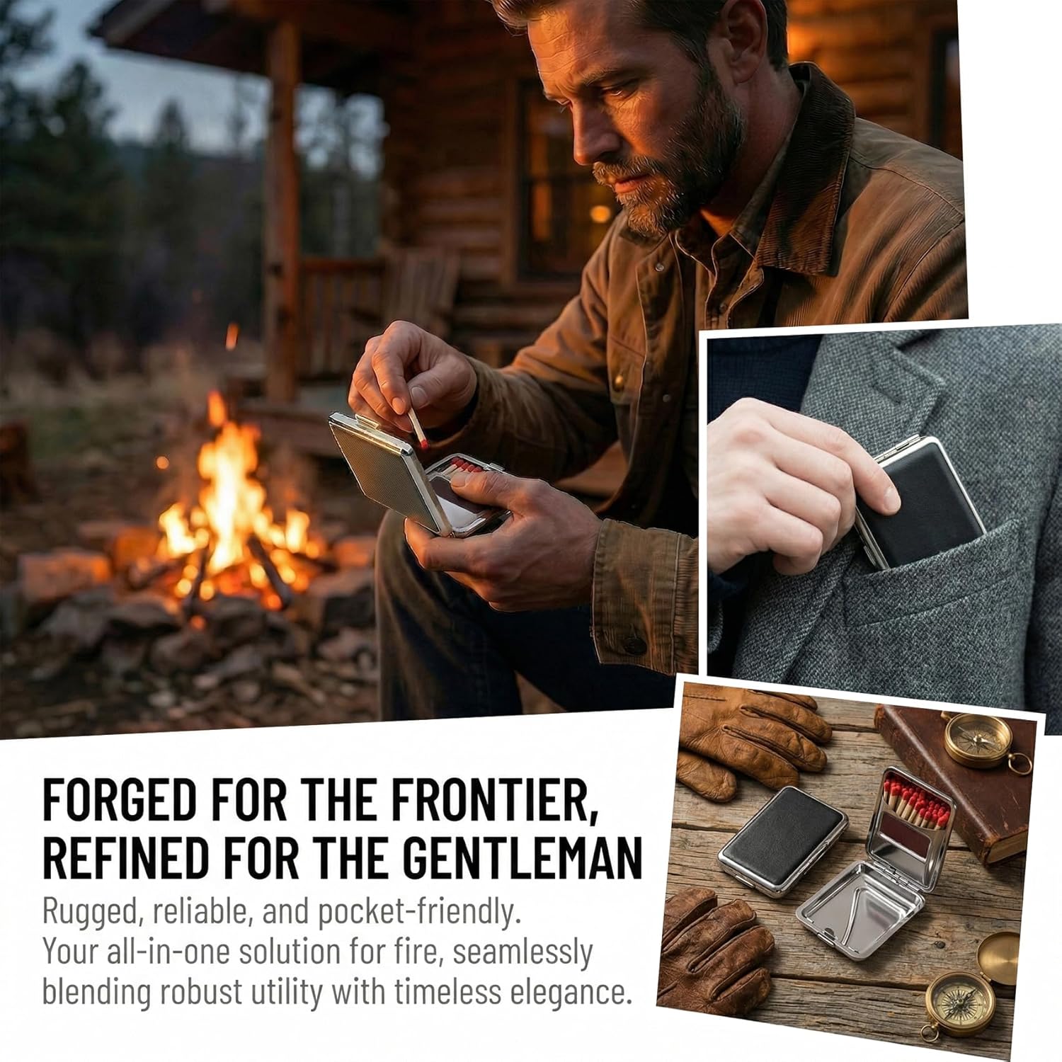 Stainless Steel Match Box Case with Friction Plate, Portable Waterproof Matchbox Storage Case, Reusable Pocket Matchstick Holder for Camping Hiking Fishing Travel Outdoor Activities- Black
