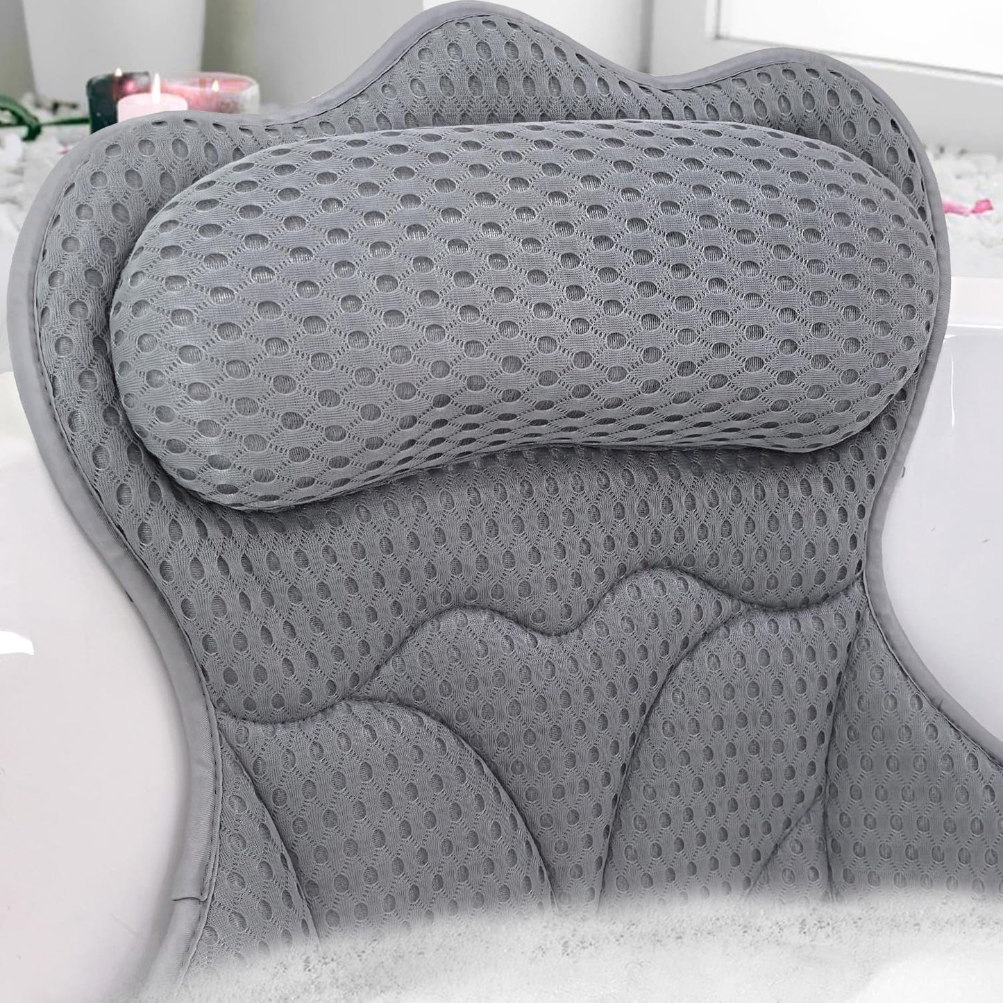 REEZEIVI Bath Pillows for Tub,Bath Pillow with 6 Non-Slip Suction Cups,Soft 4D Mesh Fabric,Bathtub Pillows for Tub Neck and Back Support,Extra Thick Luxury Bathtub Pillows,Grey