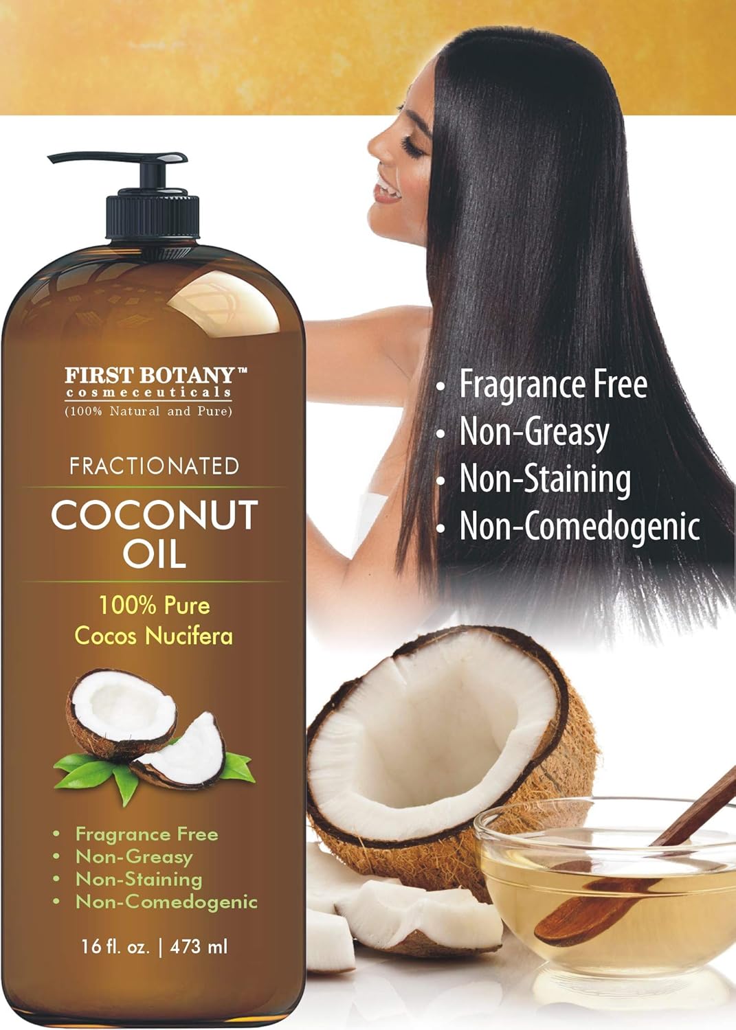 Fractionated Coconut Oil 16 fl. oz - 100% Natural & Pure MCT Coconut Oil for Hair, Skin,and Aromatherapy Carrier Oil, Massage Oil,Best Skin Moisturizer