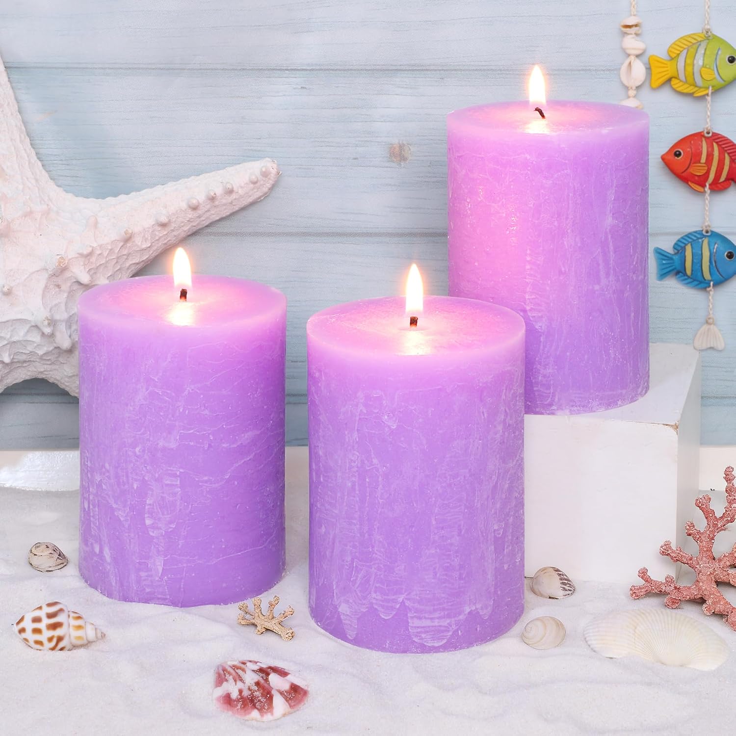 Purple Pillar Candles 3x4 Inch 100% Cotton Core Smokeless Dripless Handmade Lavender Scented 50H+ Long Burning1PC Aromatherapy Candle, Spring Home Decor, Dinner Table, Bathroom, Rustic Decor, Set of 3