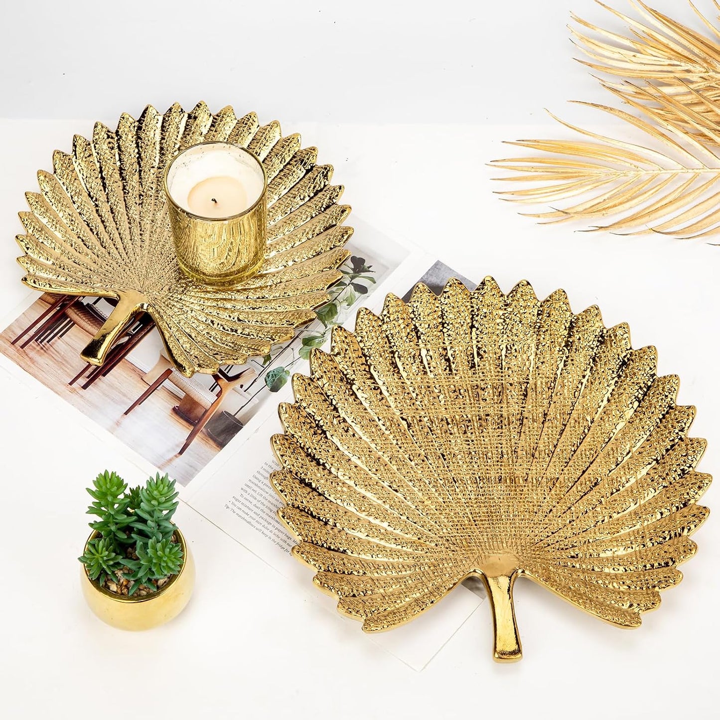 Gold Leaf Decorative Serving Tray for Table Centerpiece – 12" Ceramic Leaf-Shaped Trinket Dish, Candle Tray, Vanity Organizer, Coffee Table Decor, Modern Glam Home Decor, Gifts for Women