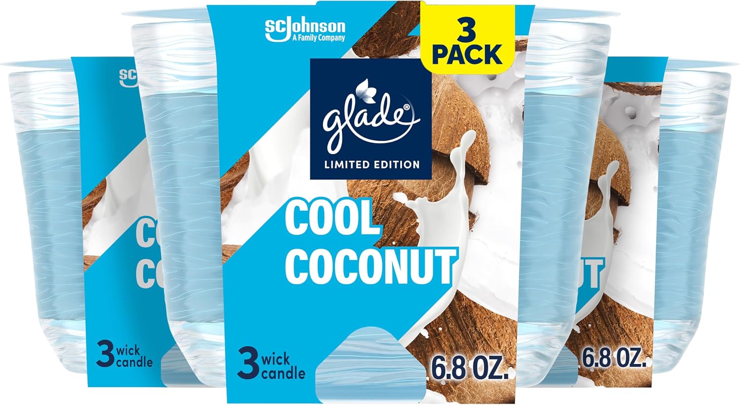 Glade 3-Wick Candle, Cool Coconut Limited Edition, Fragrance Infused with Essential Oils, 6.8 oz