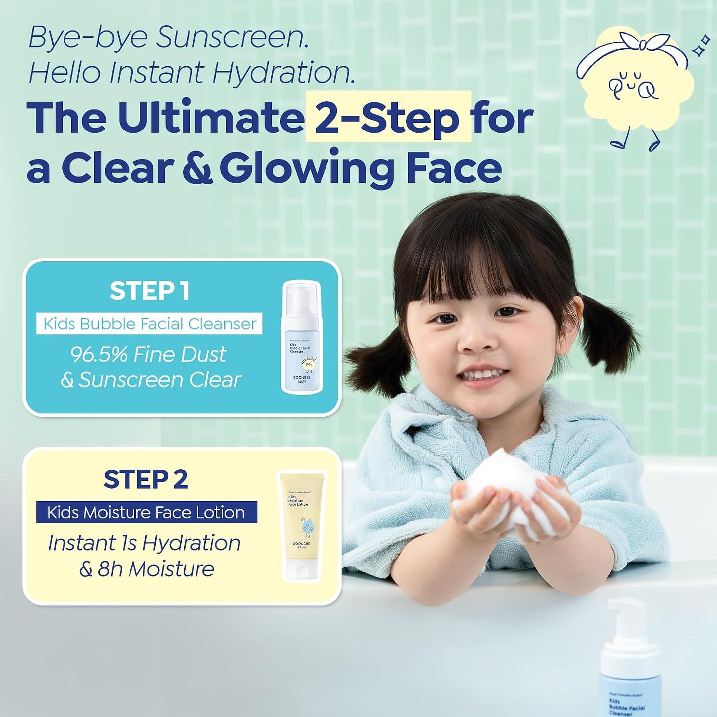 GOONGBE Kids Bubble Face Wash – Tear-Free Micellar Foam Cleanser for Sensitive Skin – Gentle Sunscreen Removal, Low pH with Panthenol & Cica – Pump Foam, Allergen-Free, 3.38 fl oz
