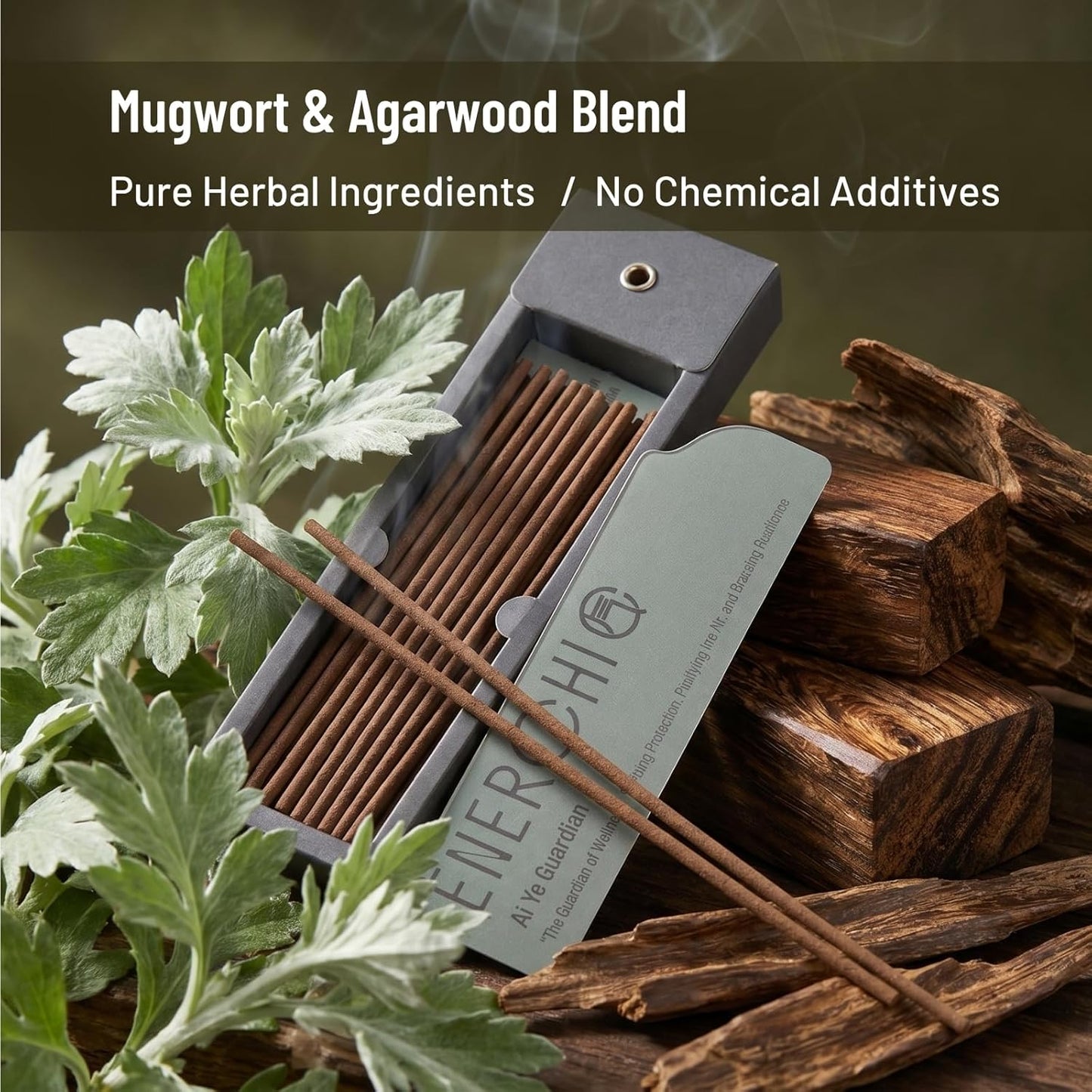 Mugwort Incense Sticks with Agarwood & Sandalwood — 20 Hand-Rolled Sticks, 30 Min Long Burn, Low Smoke Natural Herbal Incense for Meditation & House Cleansing, Sage Smudge Alternative