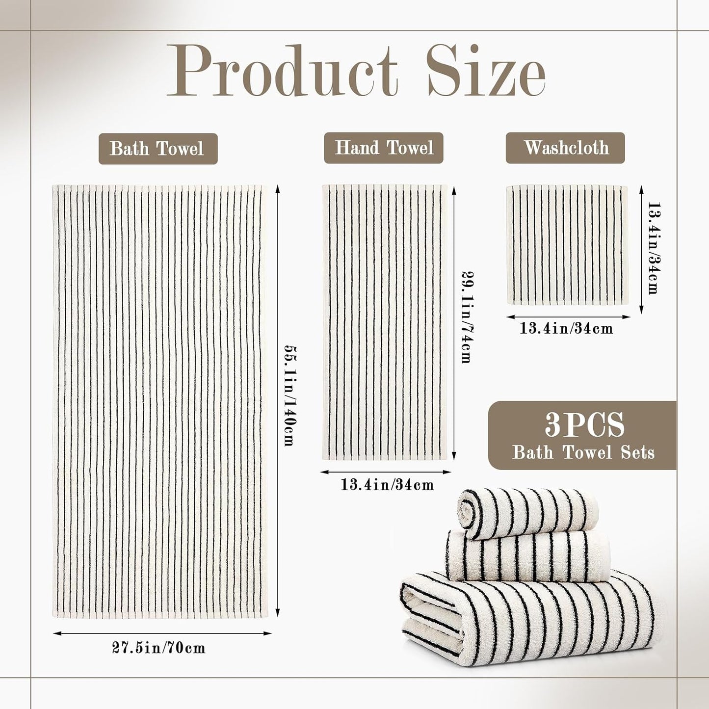 3 Pack Black and White Striped Bath Towels Set Cotton Absorbent Shower Towels for Bathroom Pool Spa Decor Contains Soft Bath Towel, Hand Cloth, and Wash Cloth