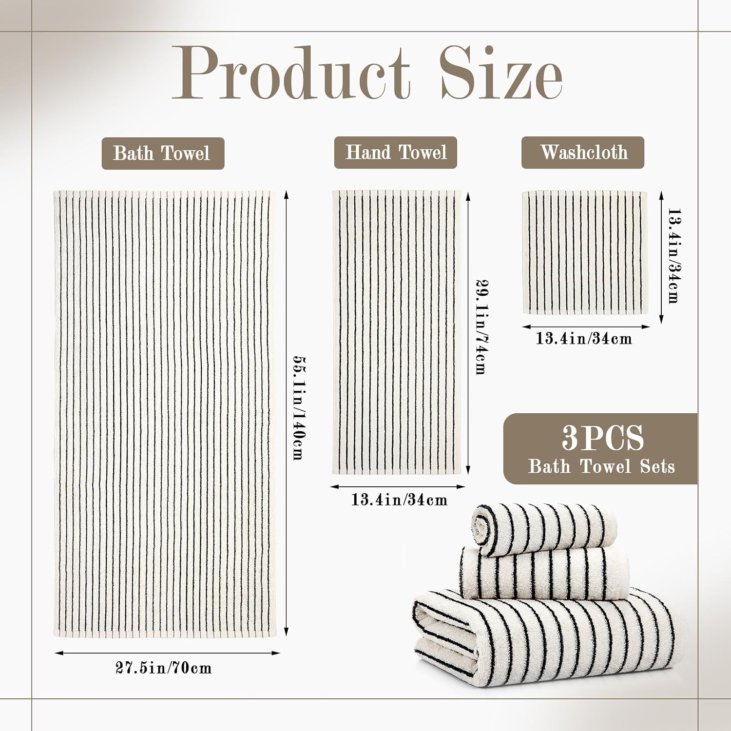 3 Pack Black and White Striped Bath Towels Set Cotton Absorbent Shower Towels for Bathroom Pool Spa Decor Contains Soft Bath Towel, Hand Cloth, and Wash Cloth