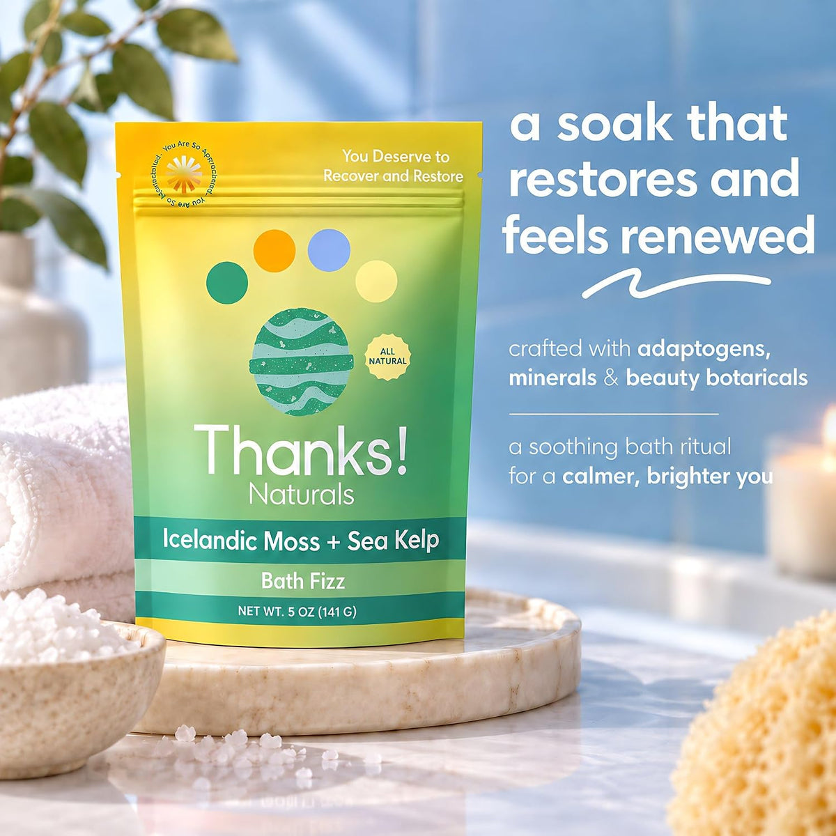 Bath Fizz, Icelandic Moss + Sea Kelp, Vegan &amp; Natural Bath Fizz with Sea Moss, Vitamin E, Shea Butter &amp; Himalayan Pink Salt, Spa at Home, Self Care Essential, Multiple Baths, 4 OZ
