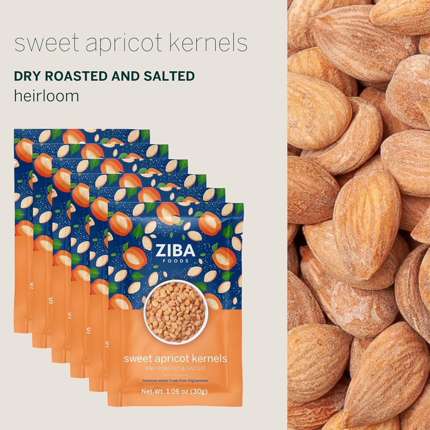 Ziba Foods Wild Grown Sweet Apricot Kernels | Non-GMO, Vegan, Whole 30 Friendly & Keto, Paleo, Dry Roasted Superseed | Wild Grown Superfood Naturally High In Vegan Protein and Omega 3s, Pack of 6