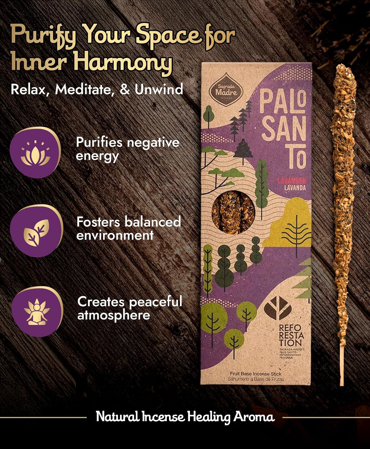 Sagrada Madre 4pcs Wildly Harvested Palo Santo Incense Sticks (Lavender), 6.7” Long - Non-Toxic, Aromatic Incense Sticks (50 min Approx. Burning Time) to Heal & Calm Your Body and Environment