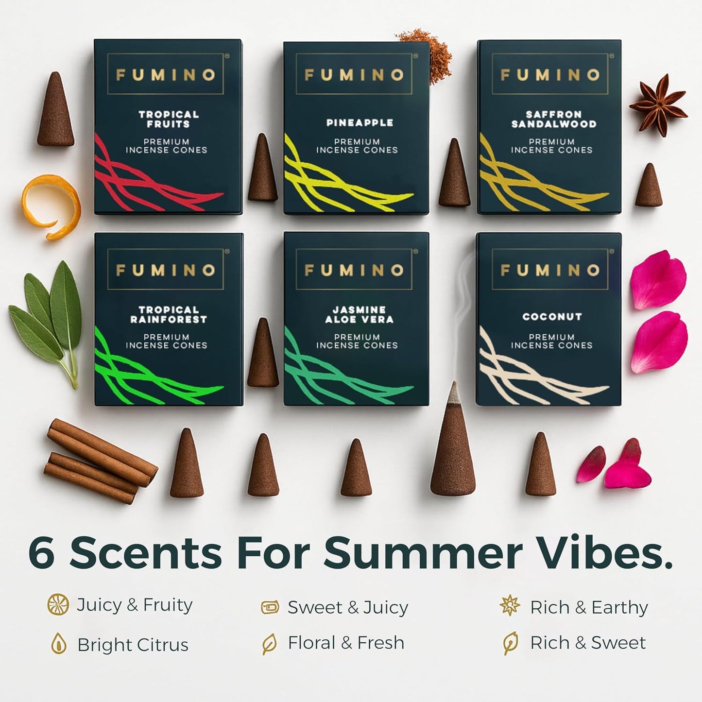 Fumino Incense Cones Tropical Tastes 90 Pack 6 Fragrances - Handmade Natural Masala Incense Cones for Meditation & Home Fragrance, Low-Smoke Fruity Tropical Scents, Bureau Veritas Certified