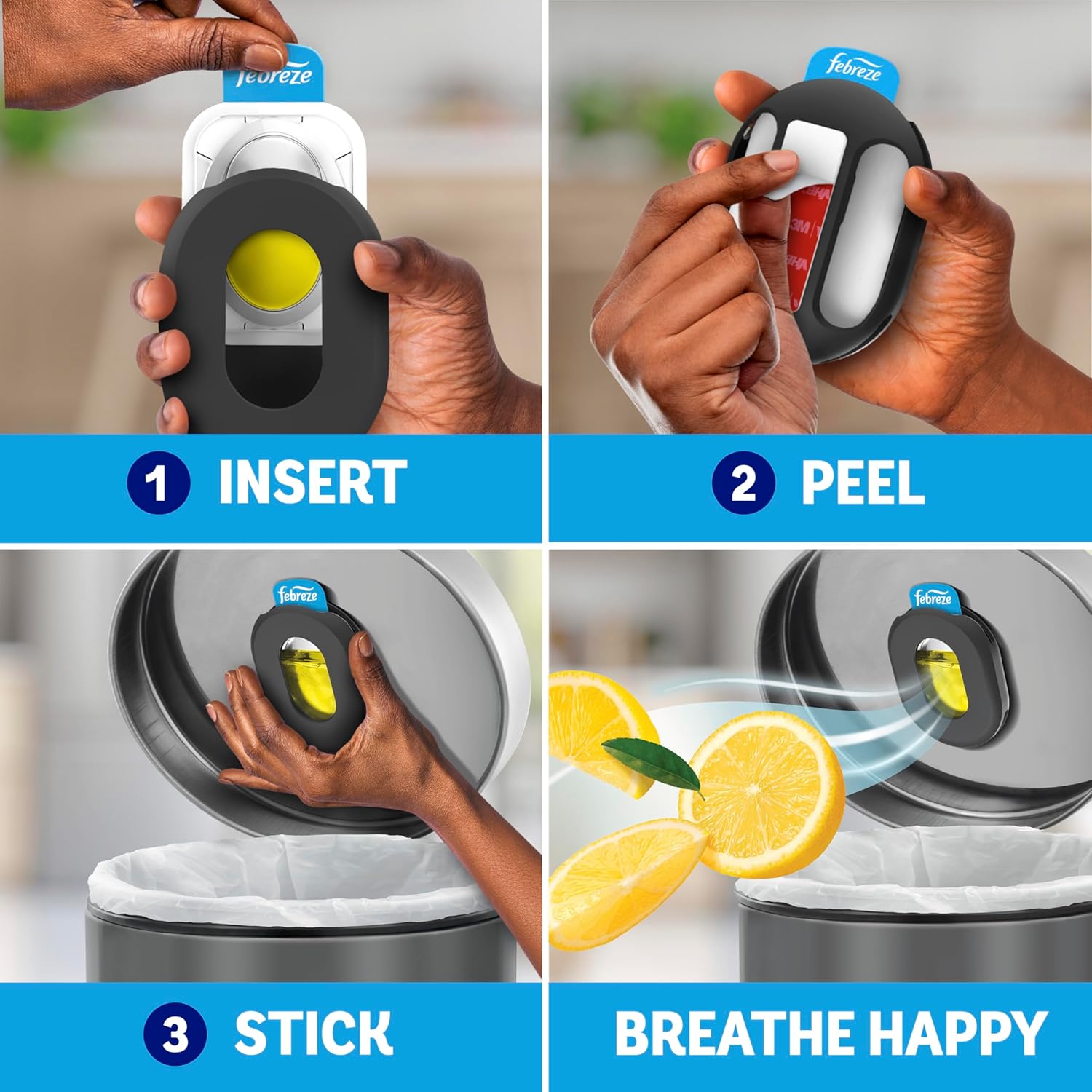 Febreze Trash Odor Fighter, Trash Can Air Freshener, Stick-On Deodorizer for Garbage Cans, Diaper Pails, Works with Scented Trash Bags, Fresh Lemon and Linen & Sky Scents, 2 Holders + 2 Refills