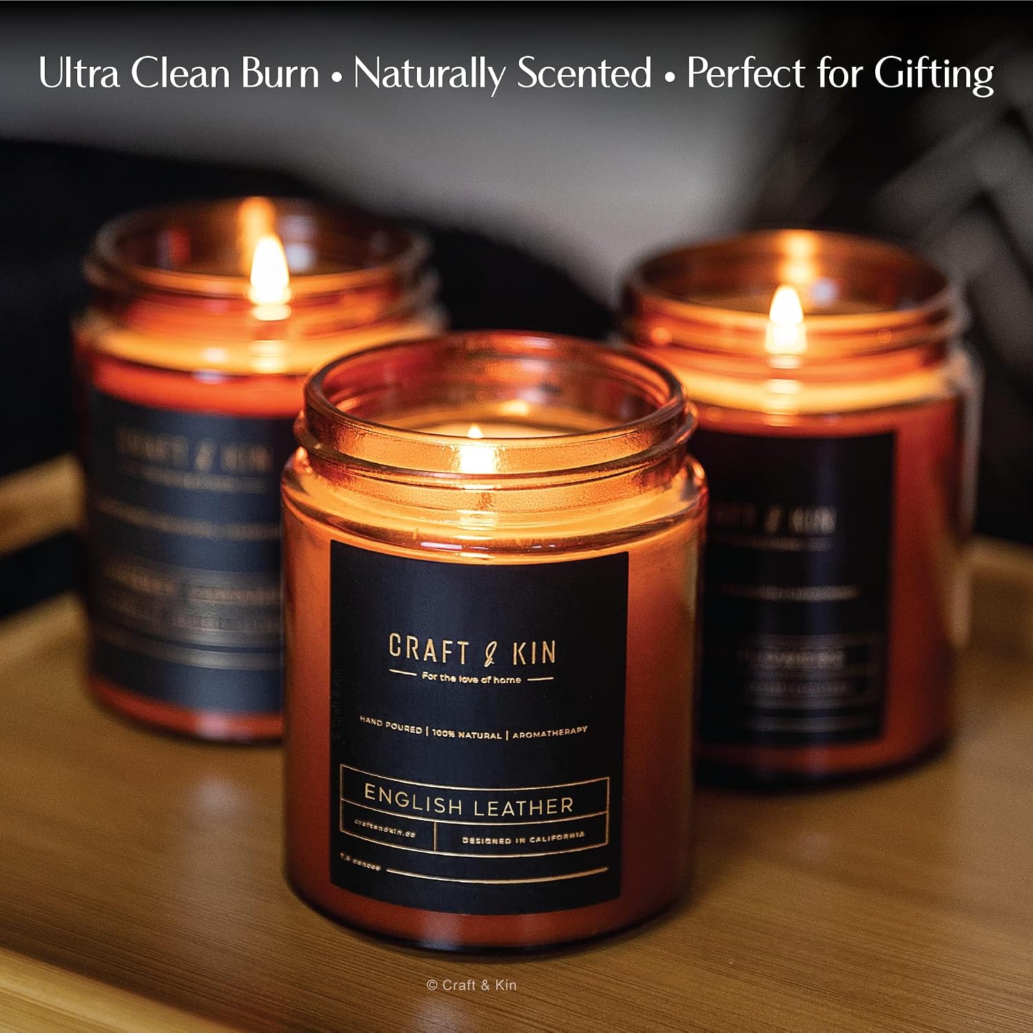 Craft & Kin Premium English Leather Scented Candle – Long Lasting, 45 Hour Burn Time – Luxury Natural Soy Scented Candle – Room Decor and Aromatherapy – 8 oz