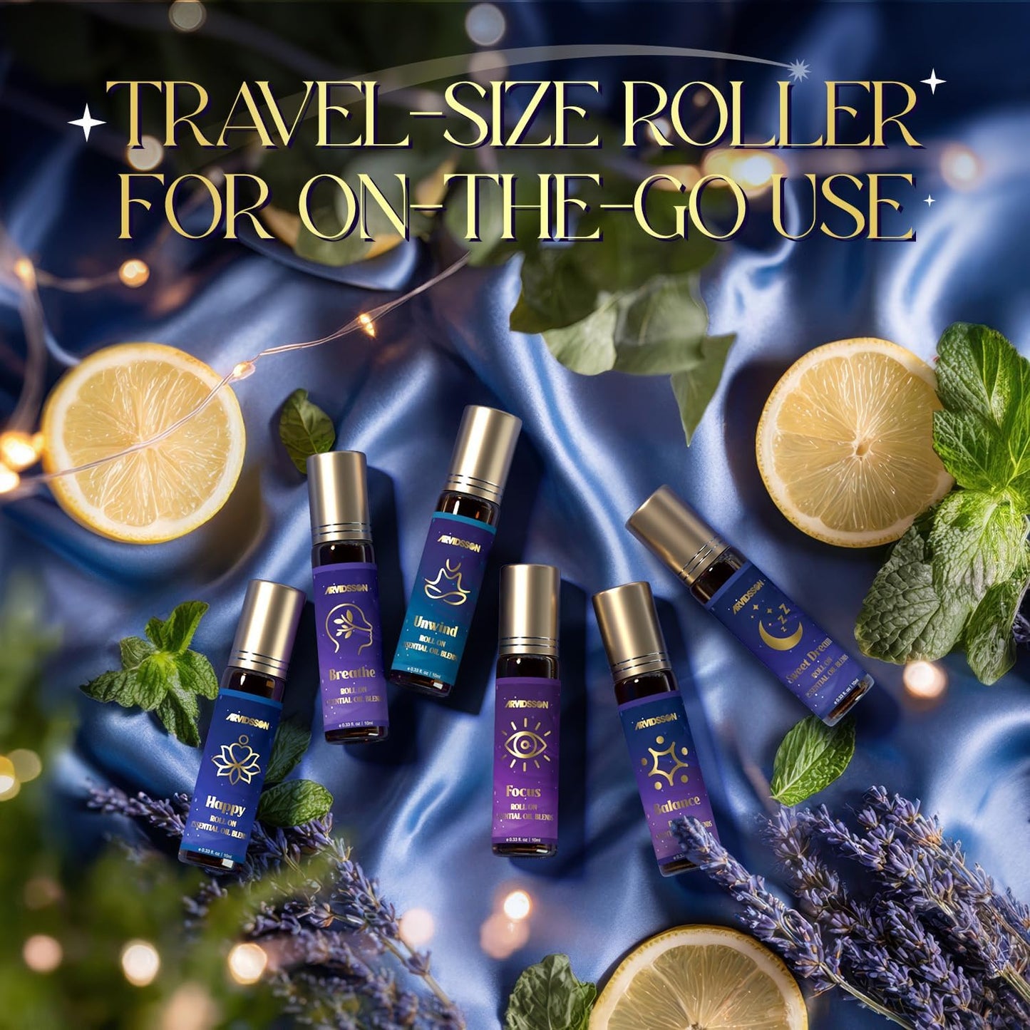 ARVIDSSON Essential Oils Roll On Set, Natural Self Care Essential Oil Blends Gift for Women - Sweet Dream, Unwind, Breahte, Balance, Focus, Happy, Aromatherapy Oil Roller for Body, Massage