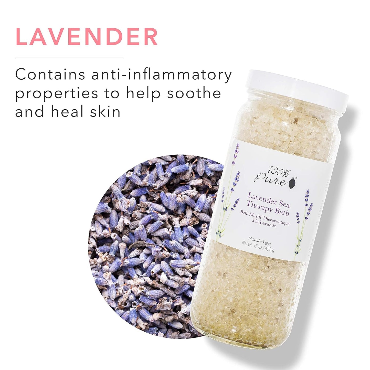 100% PURE Lavender Sea Therapy Bath Soak, Bath Salts for Relaxation, Made with Lavender Essential Oil, Spa Kit for Home, Bath Soak with Essential Oils - 15 Oz
