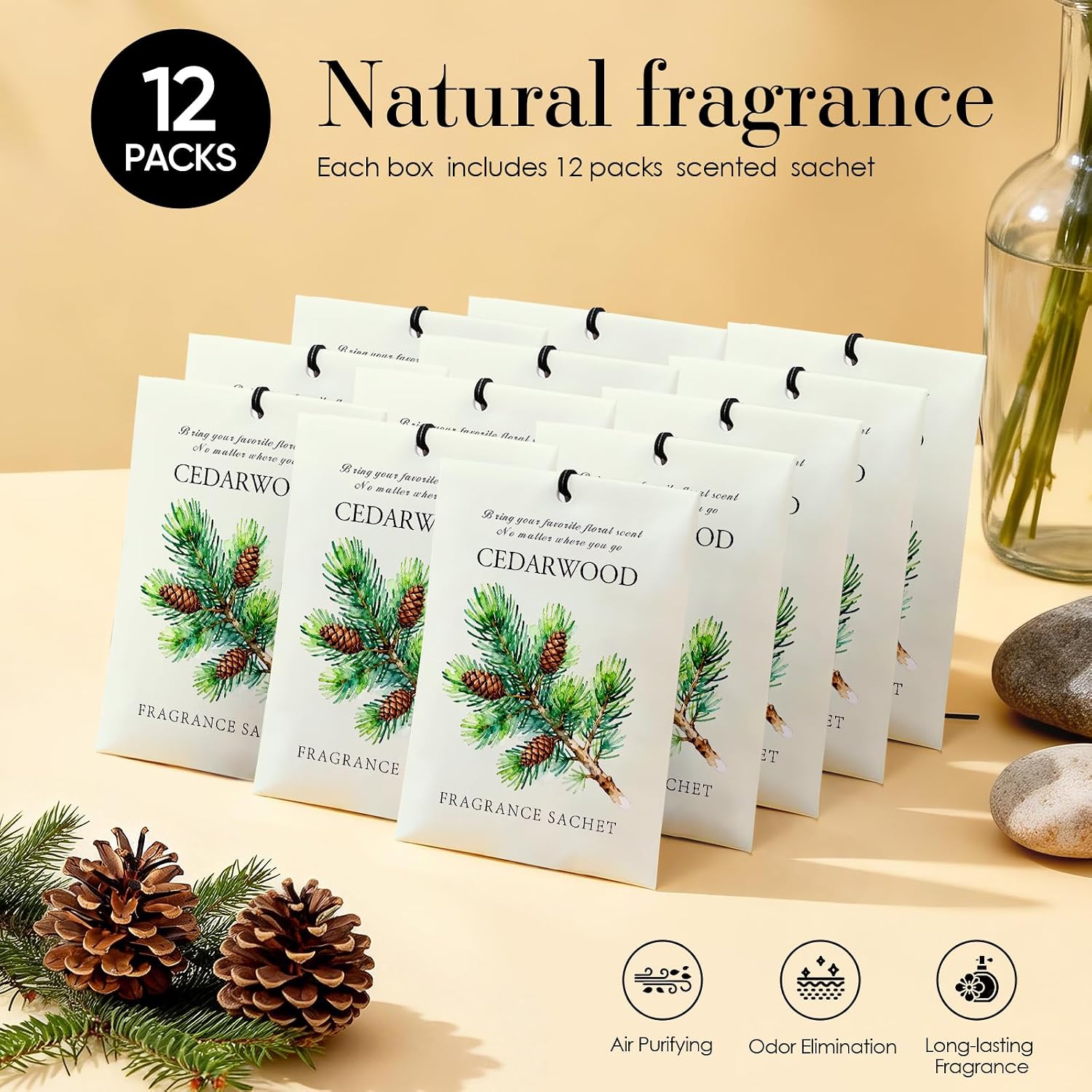 Cedarwood Scented Sachet Bags - 12 Pack Drawer & Closet Freshener, Long Lasting Odor Eliminator for Wardrobes, Cars & Storage, Home Fragrance Air Freshener Sachets