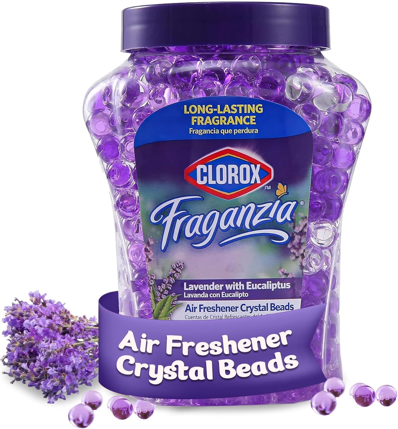 Clorox Fraganzia Crystal Beads Air Freshener, Long Lasting Room Deodorizer and Odor Eliminator Gel Beads to Freshen Home, Car, or Office, Lavender with Eucalyptus Scent, 12 Fl Oz
