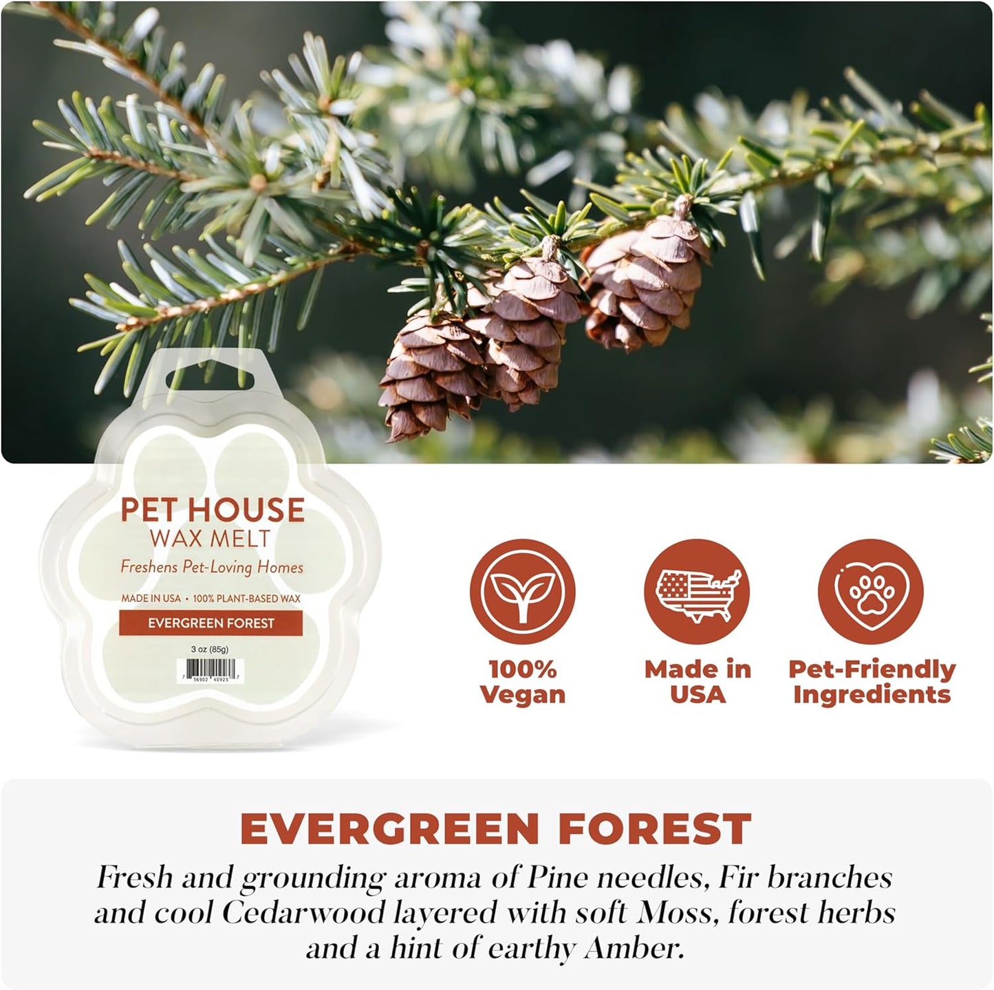 One Fur All Pet House Scented Wax Melts, Natural, Plant Based Soy Wax Melts for Pet Odor, Long Lasting Winter Fragrances for Fresh Smelling Homes, Evergreen Forest and Fireside, Pack of 2
