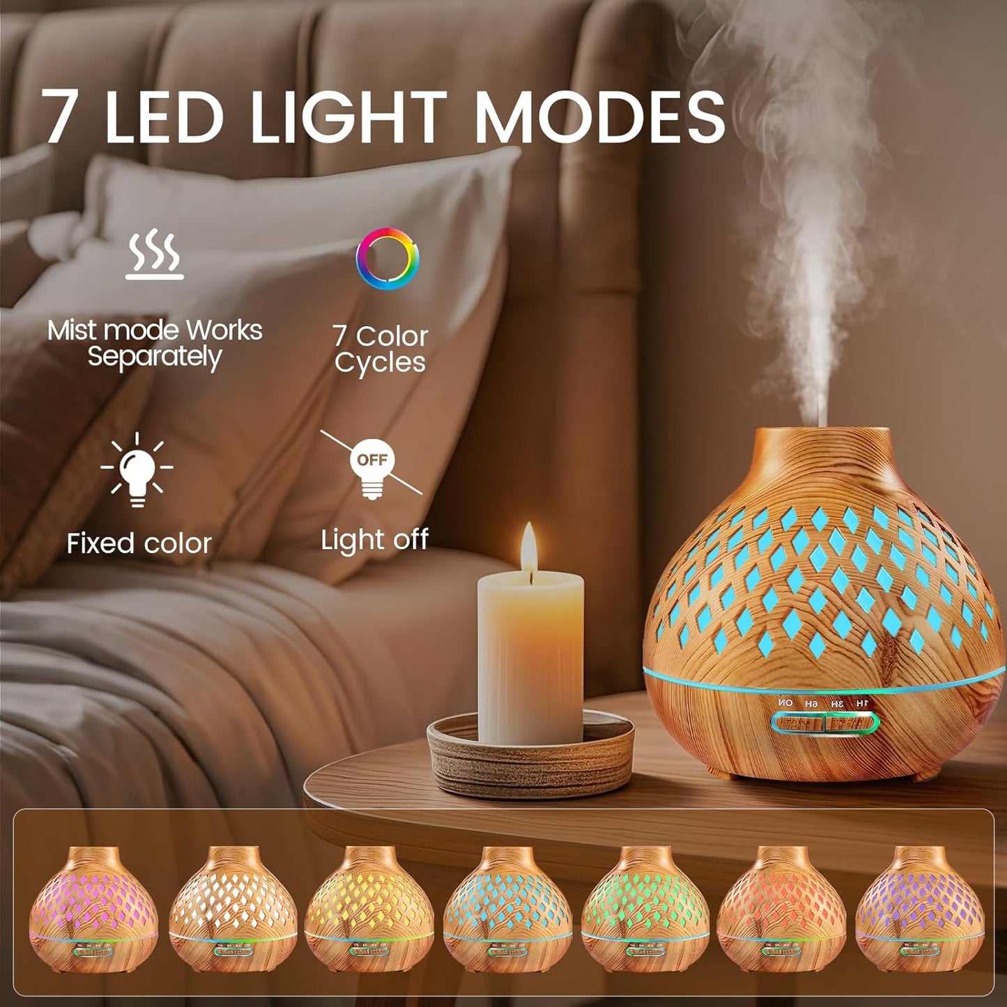 Aeshory Essential Oil Diffuser & 12 Essential Oils Set, 550ML Aromatherapy Diffuser for Home, Ultrasonic Cool Mist Humidifier with Remote Control 4 Timer 7 Color LED Light, Waterless Auto Off, Light
