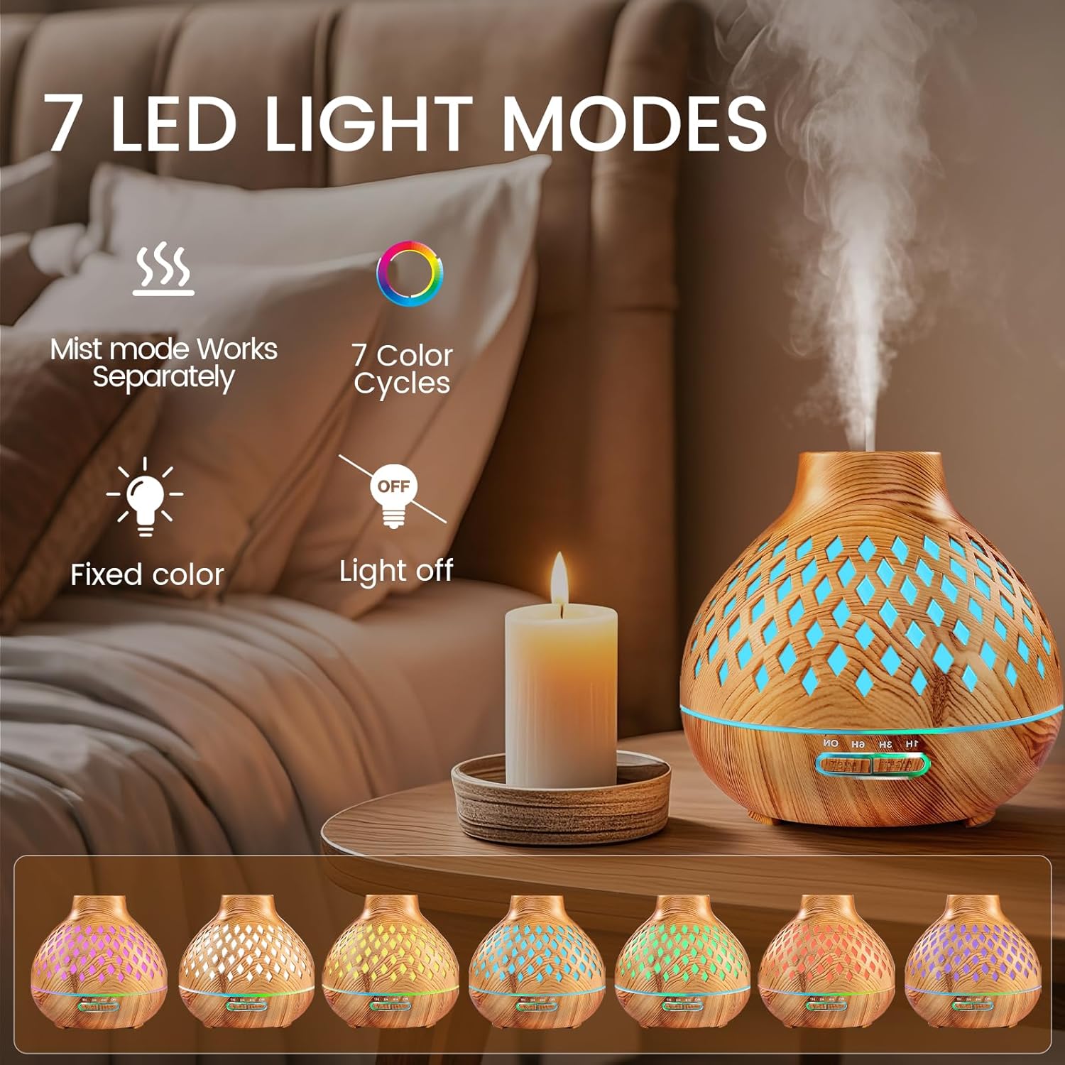 Aeshory Essential Oil Diffuser & 12 Essential Oils Set, 550ML Aromatherapy Diffuser for Home, Ultrasonic Cool Mist Humidifier with Remote Control 4 Timer 7 Color LED Light, Waterless Auto Off, Light