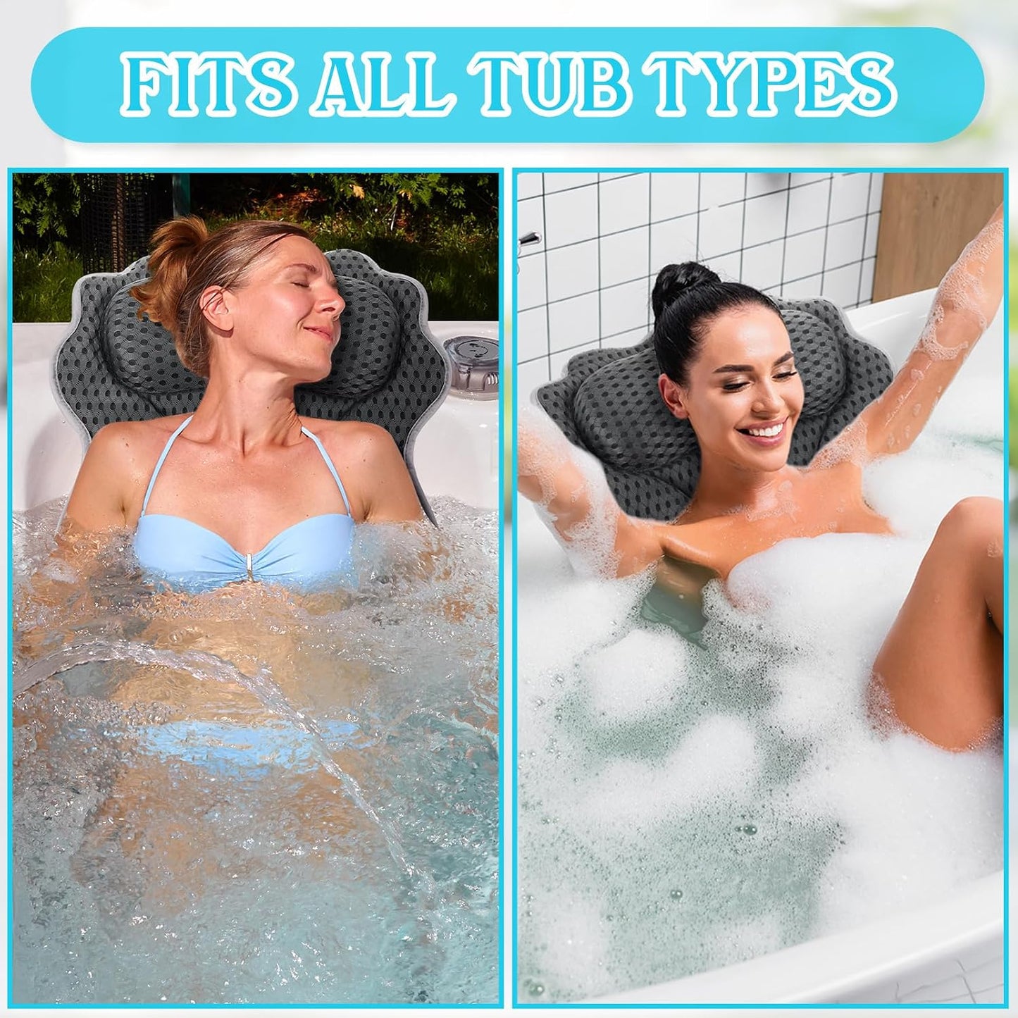 Novabright Bath Pillow and Mat Set for Head and Neck Nonslip Bathtub Pillow 4d Thick Tub Seat Mat with 6 Suction Cups Portable Seat Cushion Tub Accessories for Indoor Outdoor