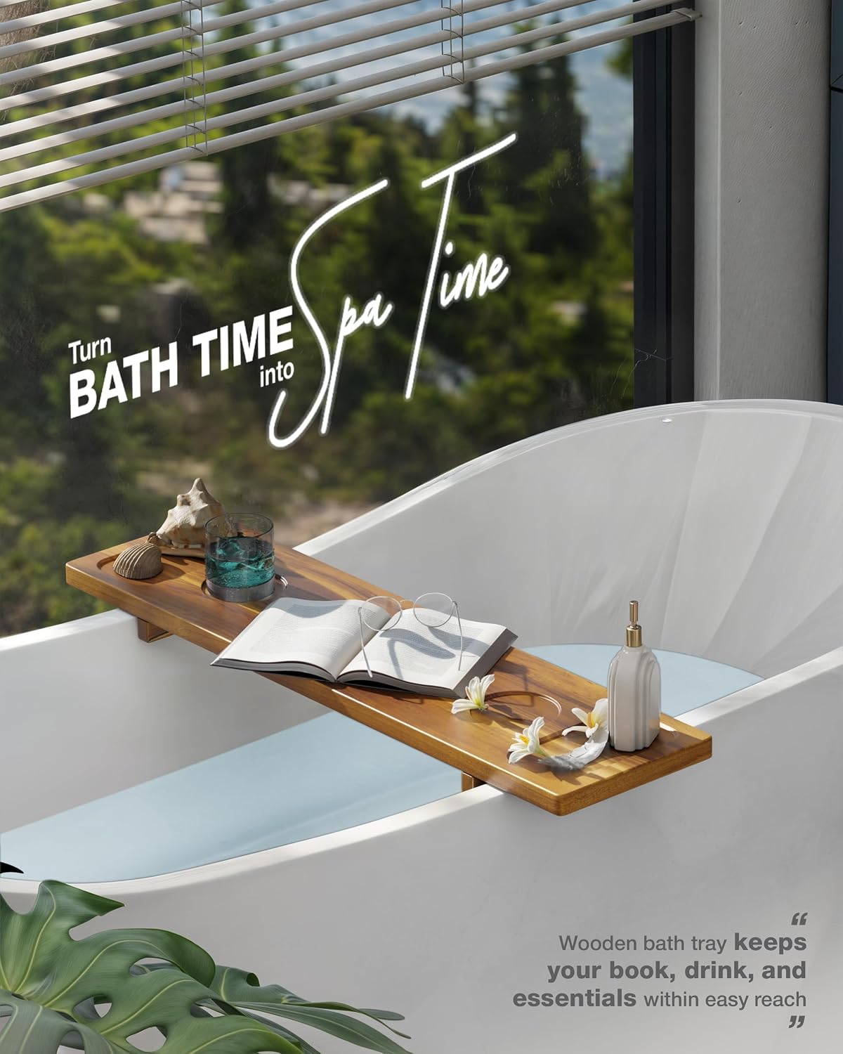 Bathtub Tray, Acacia Bath Tray for Tub, 34.6''x9'' Wooden Bathtub Caddy Tray with Adjustable Legs Fit Various Bathtubs, Anti-Tipping, Sustainable Bath Table with Wine Glass and Tablet Holder