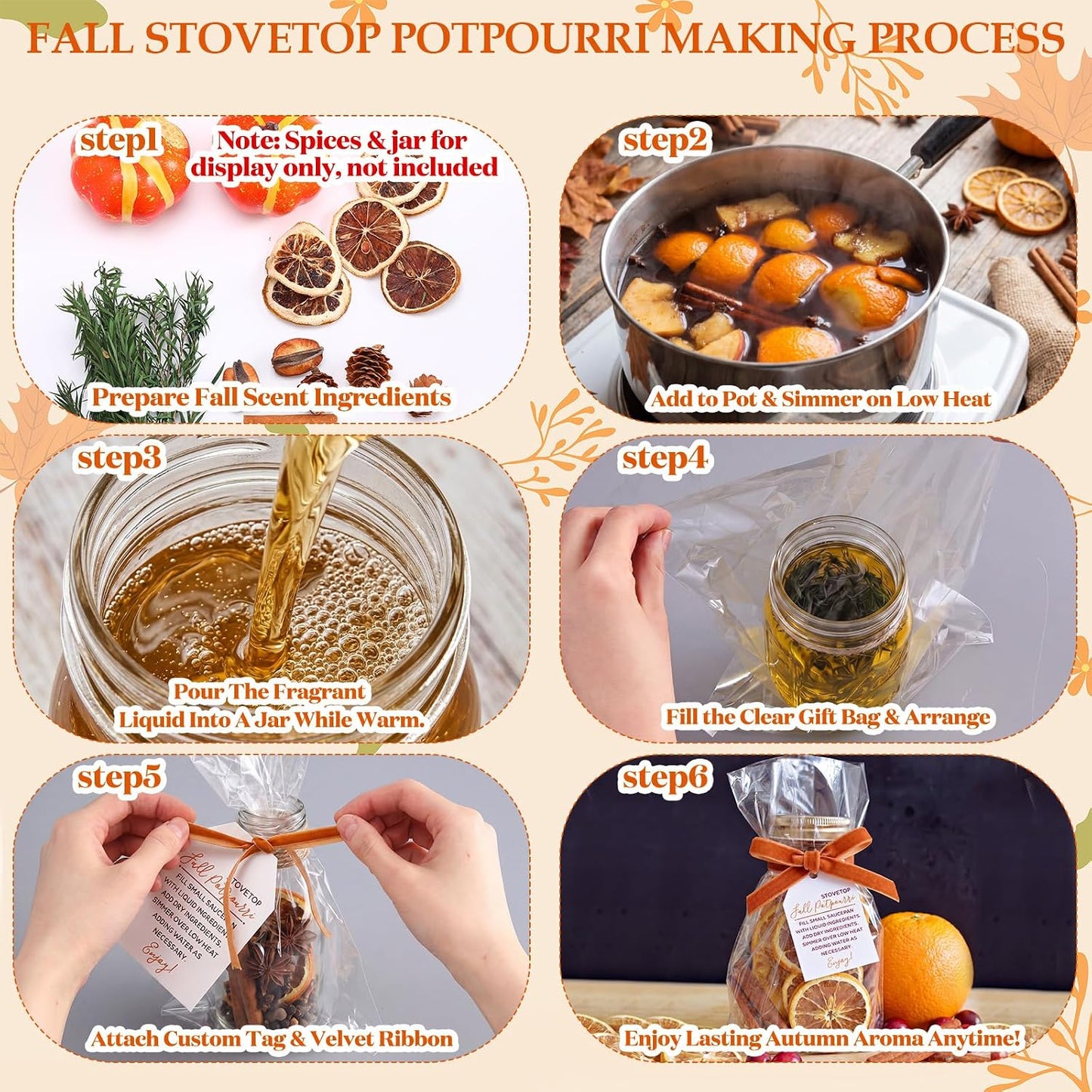 24 Pcs Fall Stovetop Potpourri DIY Kit Empty Sachet Bags 7.9 x 11.8 Inch with Velvet Ribbon Cards Scented Potpourri Bags Autumn Thanksgiving Fall Gift Decoration for Friends Housewarming Hostess