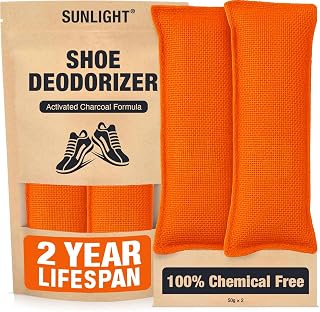 Sunlight® Shoe Deodorizer, Activated Charcoal Odor Absorber Bags, Chemical Free Odor Eaters for Shoes, Shoe Smell Remover Inserts, (50g, 2 Bags)