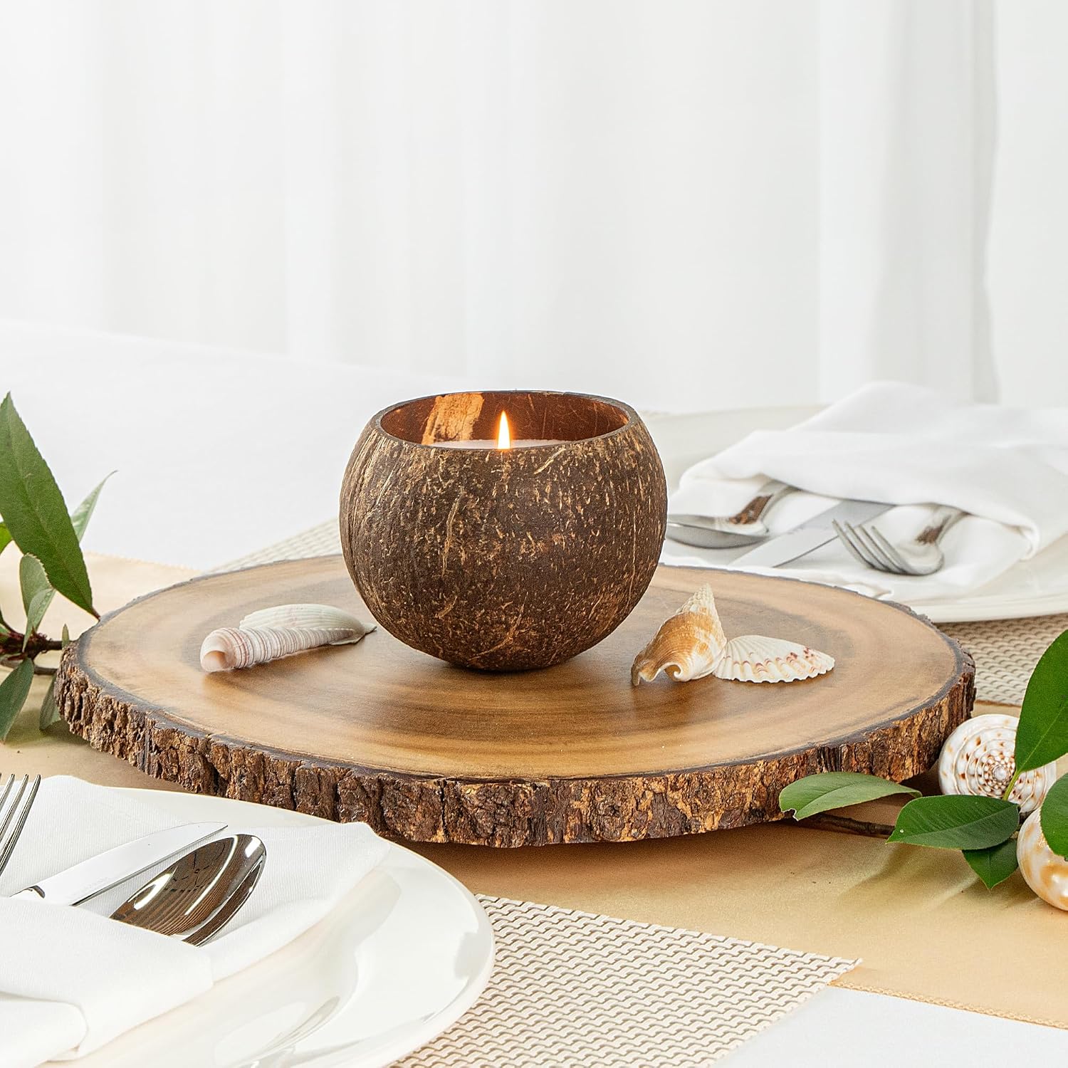 Restaurantware Coconut Shell Candle - 1 Soy Wax Candle 3.94 x 3.94 x 2.76 Inches - Handmade Decorative Candle Bowl with Wooden Wick - Small Brown Scented Candle