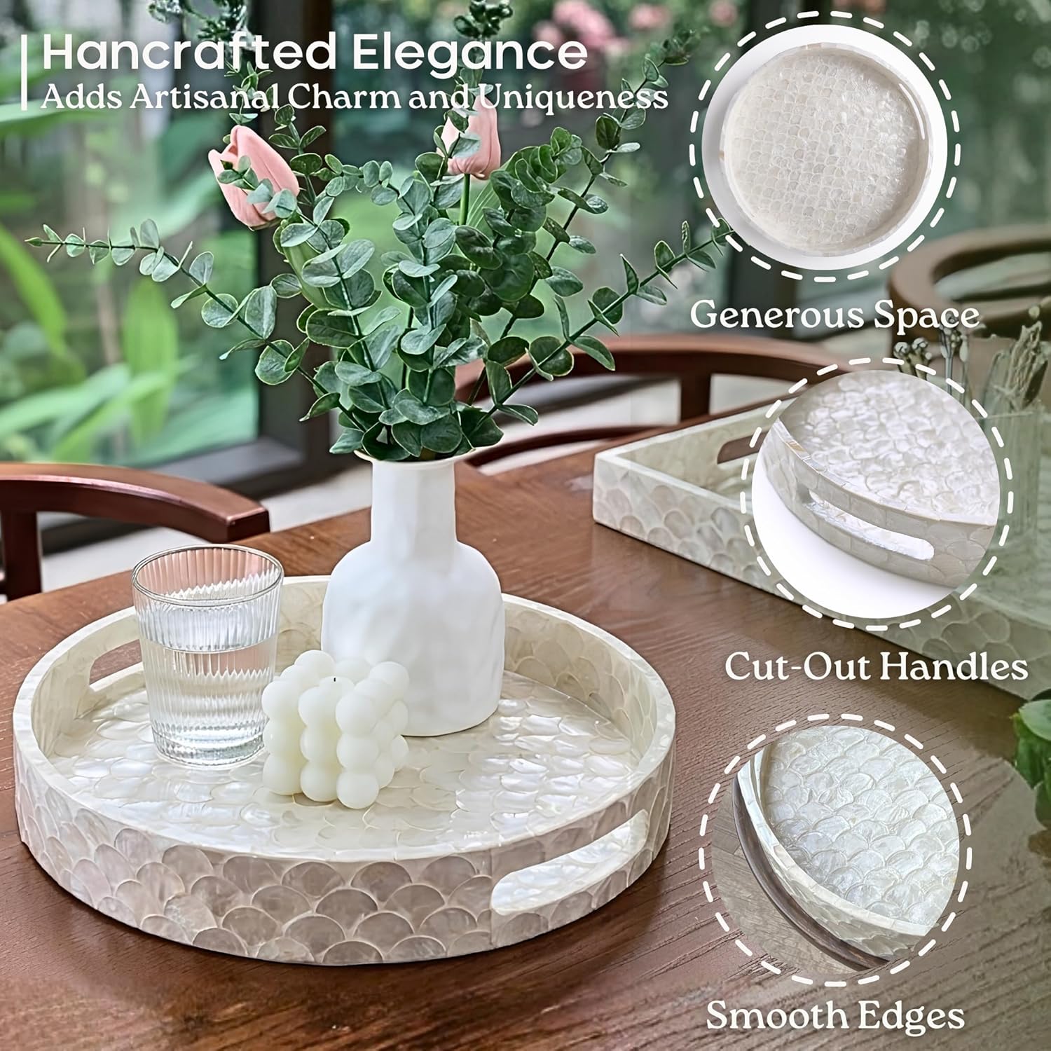 CHI AN HOME 12.6 Inch Capiz Round Decorative Tray, Decorative Serving Tray with Handles for Coffee Table, Kitchen Counter, Bathroom Vanity or Dining Table Centerpiece Tray, Modern Farmhouse Decor