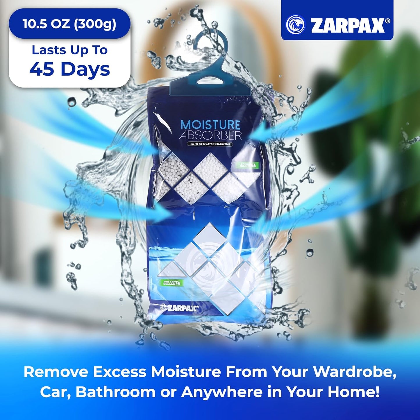 ZARPAX Hanging Moisture Absorber Activated Charcoal 10.6 oz/300g | Moisture Absorbing Bags for Bathroom, Closet & Kitchen | Removes Moisture, Humidity & Odors | Portable Dehumidifier | Set Of 10