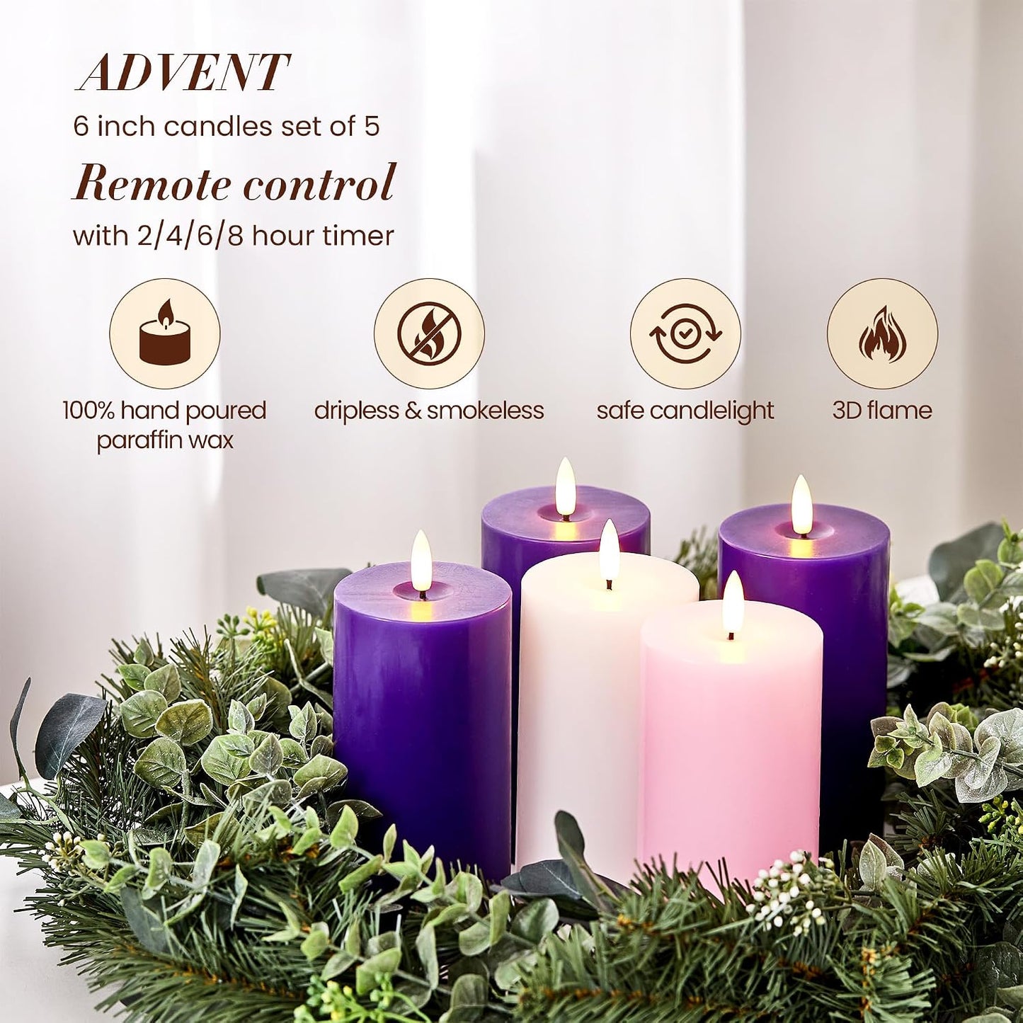 Pillar Advent Candles Set of 5, Battery Operated Advent Candle Set with Remote and Timer, 3x6 Pink and Purple Pillar Candle Set, Flameless Advent Candles for Advent Wreath Pillar Candle Holder