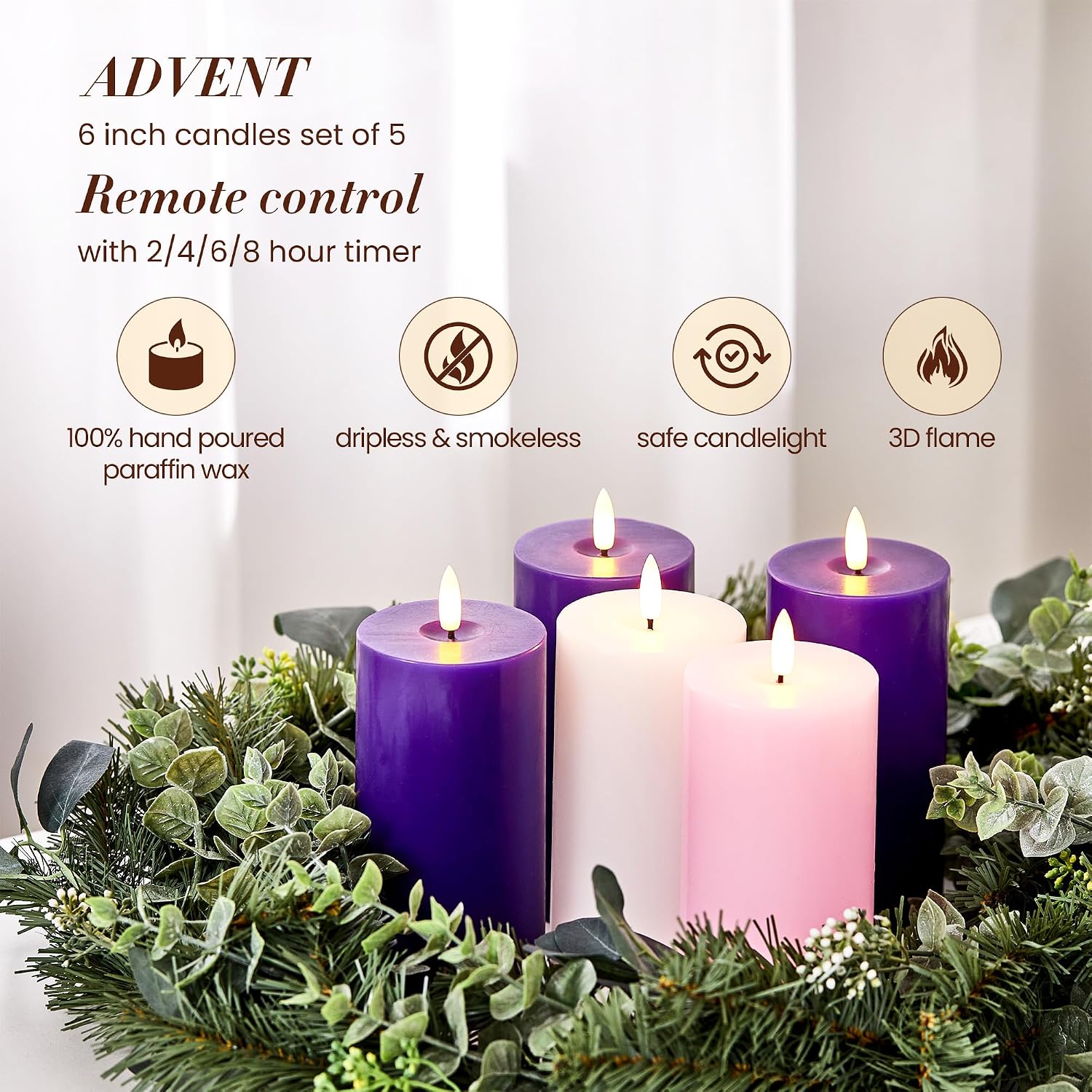 Pillar Advent Candles Set of 5, Battery Operated Advent Candle Set with Remote and Timer, 3x6 Pink and Purple Pillar Candle Set, Flameless Advent Candles for Advent Wreath Pillar Candle Holder
